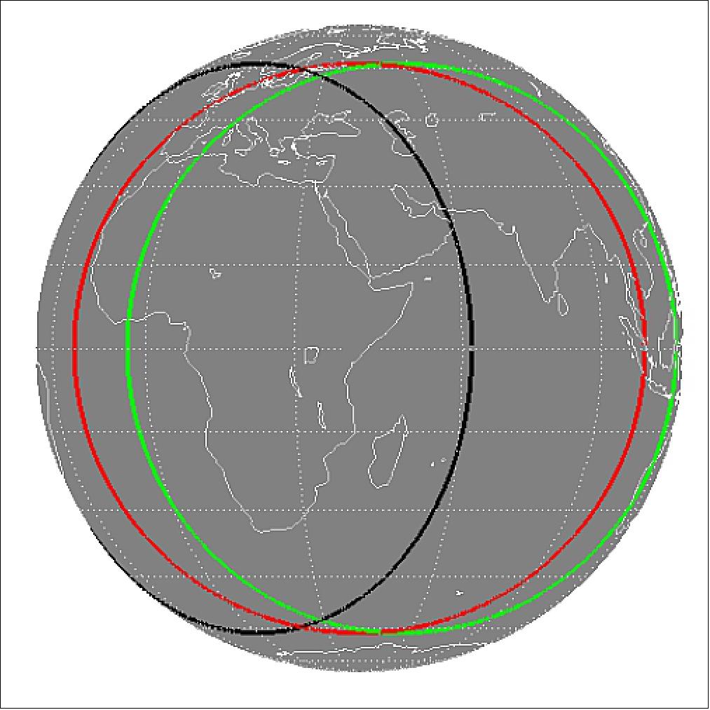 Figure 12: Overlap of regions as covered by Meteosat-8 (red), Meteosat-7 (green) and Meteosat-10 (black), image credit: EUMETSAT