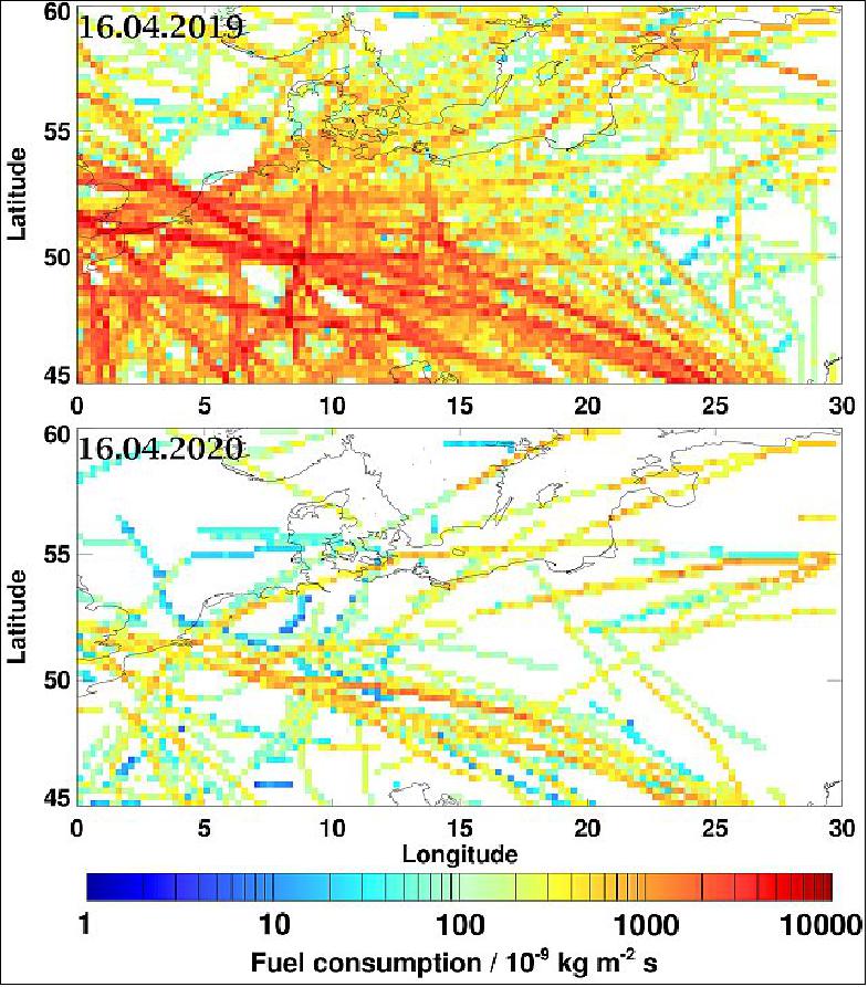 Figure 6: An almost 90 percent reduction in fuel consumption by air traffic in the upper airspace over Europe on 16 April 2020 (bottom) compared to the same time last year (bottom), calculated from EUROCONTROL data (image credit: EUROCONTROL/DLR)