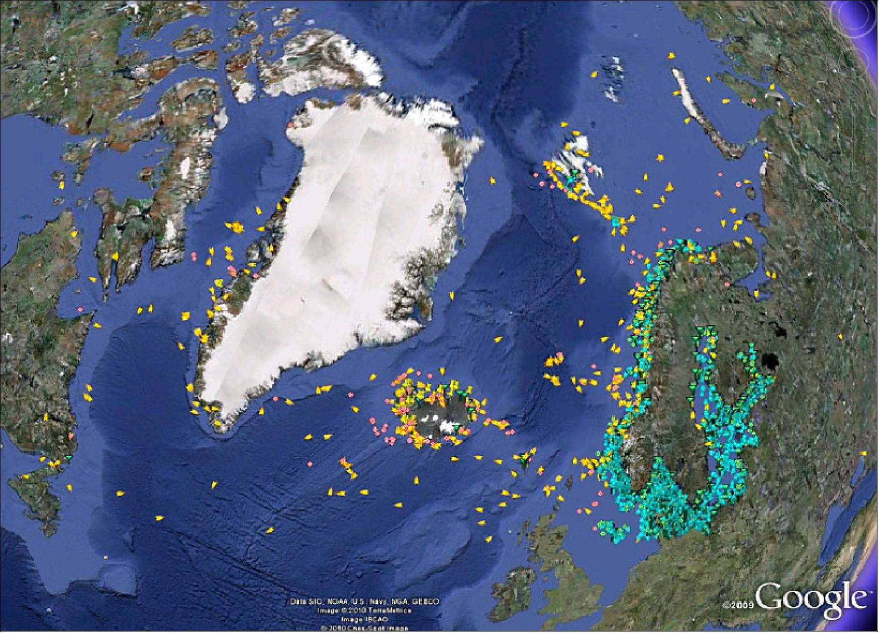 This illustrates the very first data received from the AISSat-1. The yellow and orange symbols are AIS observations from the satellite which came in addition to the existing AIS observations (green and blue) from the Coastal Administration ground based sensors (image credit: FFI)