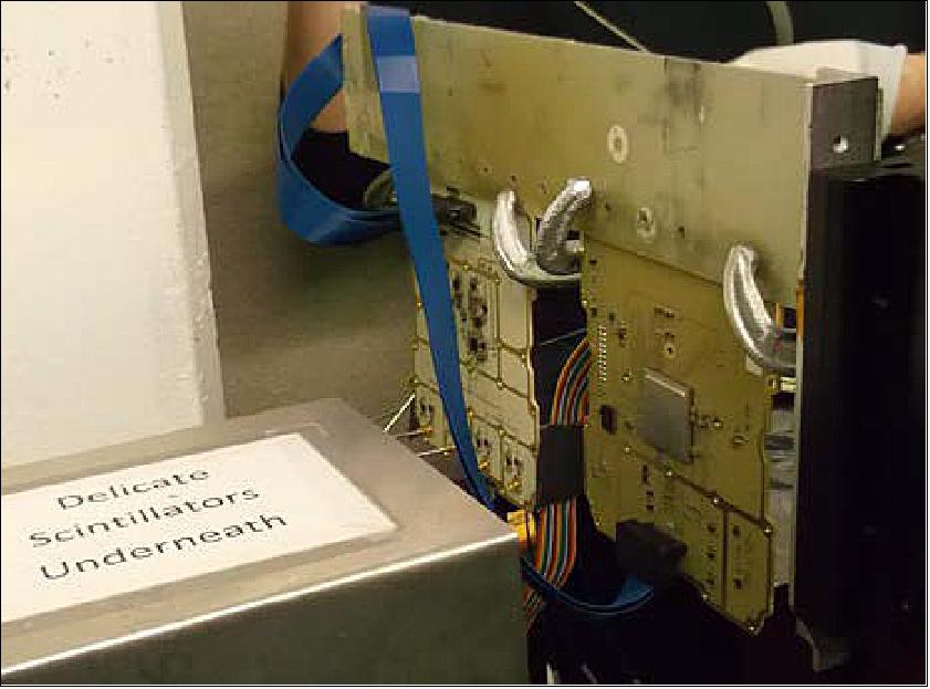Two of the NRD electronics boards mounted on the 480 MeV proton irradiation beamline. The beam size was small to enable individual component irradiation. The Zynq can be seen in the middle of the board on the right hand side (image credit: NorSat-3 Team)