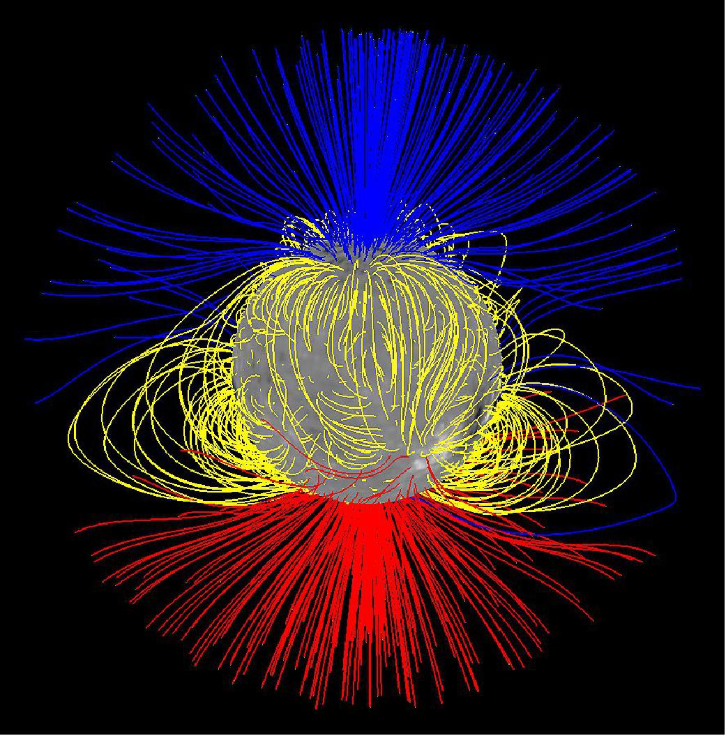 Figure 63: The Sun's "open" magnetic field — shown in this model in blue and red, with looped or closed field shown in yellow — primarily comes from near the Sun's north and south poles during solar minimum, but it spreads out to fill space converging near the Sun's equator (image credit: NASA/Nick Arge)