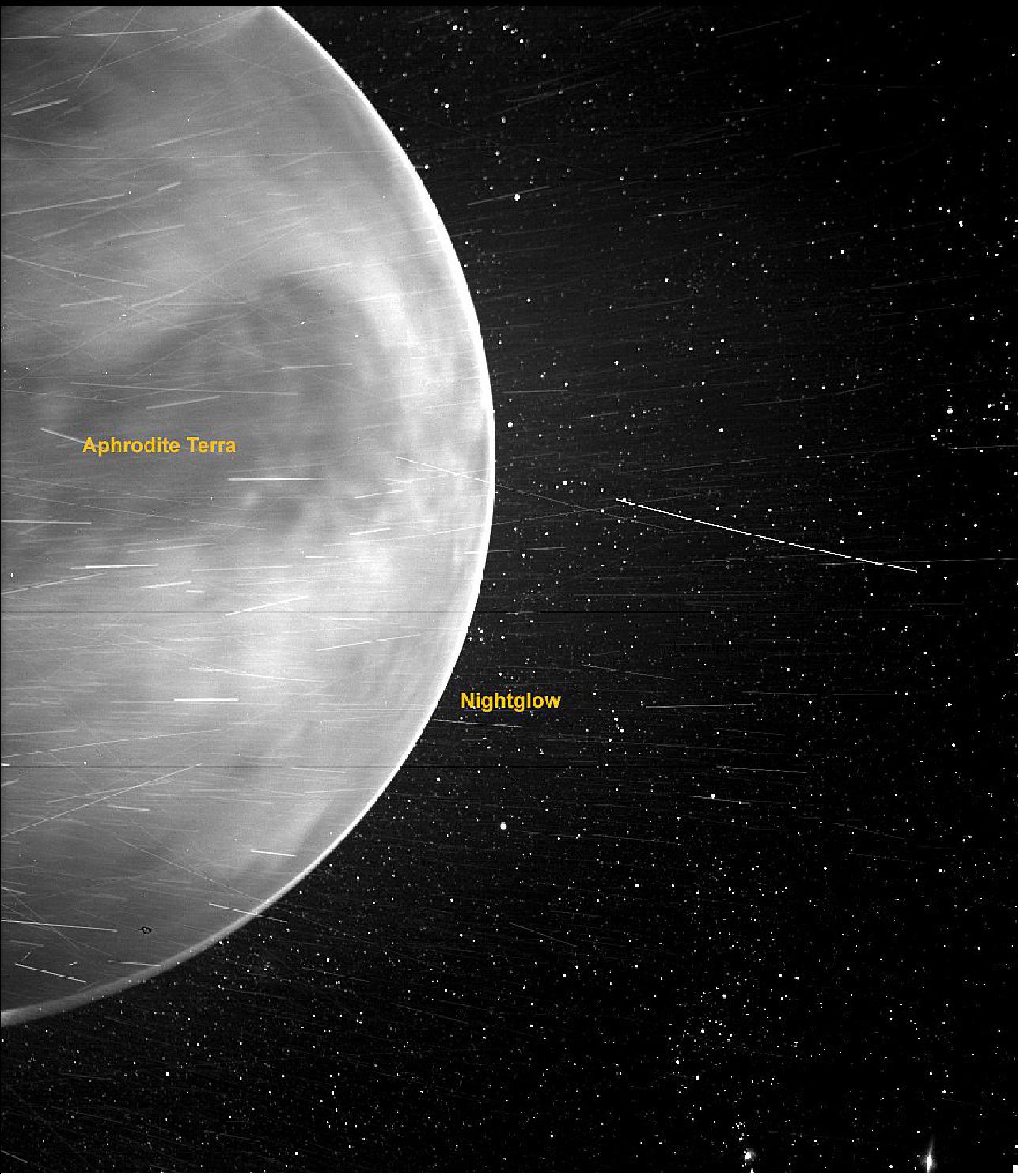 Figure 51: NASA's Parker Solar Probe had an up-close view of Venus when it flew by the planet in July 2020. Some of the features seen by scientists are labeled in this annotated image. The dark spot appearing on the lower portion of Venus is an artifact from the WISPR instrument (image credits: NASA/Johns Hopkins APL/Naval Research Laboratory/Guillermo Stenborg and Brendan Gallagher)