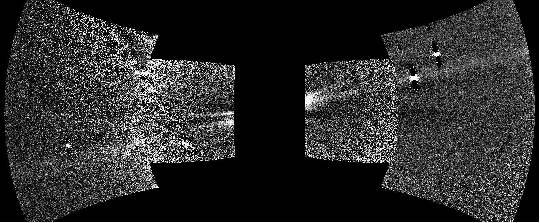 Figure 40: The bright objects are planets: from left to right, Earth, Venus, and Mercury. Part of the Milky Way galaxy is visible on the left side. The four frames of this composite image were captured on Aug. 25, 2019 (image credits: NASA/Johns Hopkins APL/Naval Research Laboratory/Guillermo Stenborg and Brendan Gallagher)