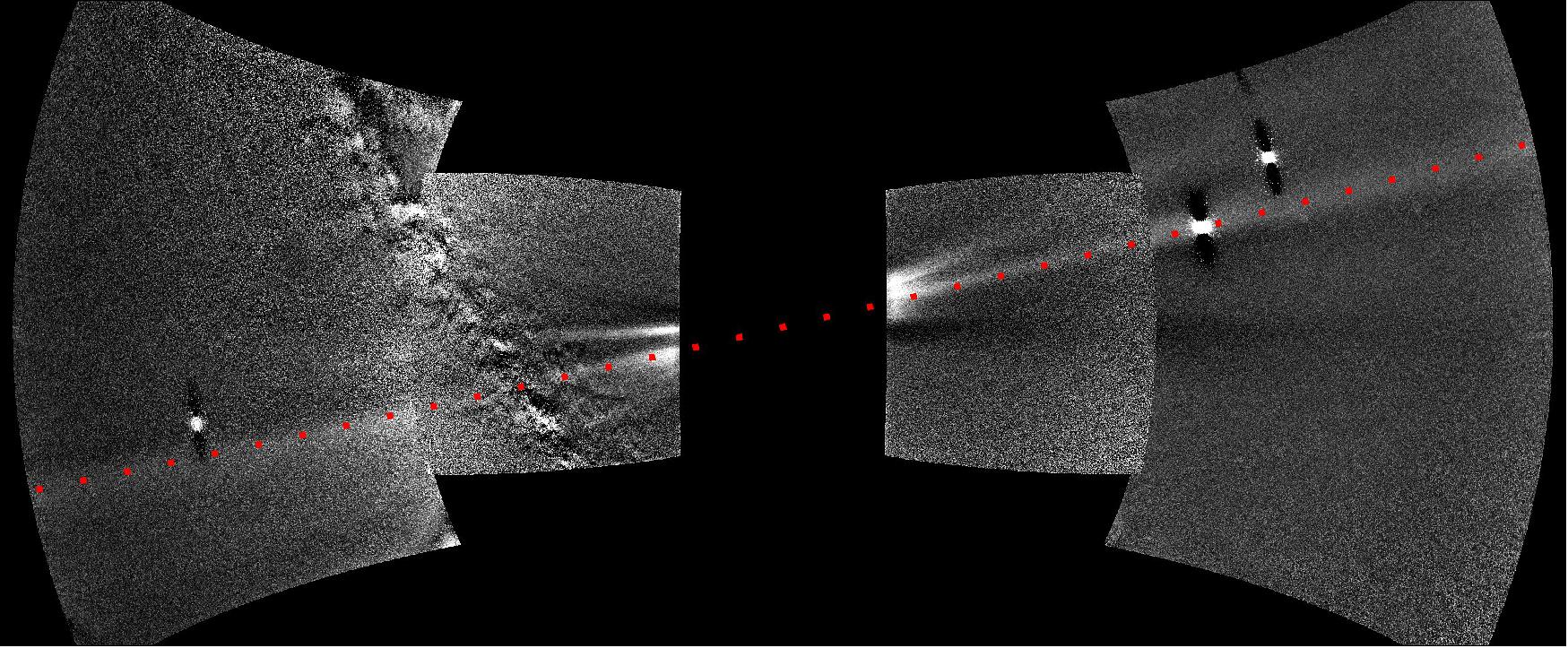 Figure 39: Images from the WISPR instrument — short for Wide-field Imager for Solar Probe — on board NASA's Parker Solar Probe spacecraft have provided the first complete view of the ring of dust along Venus' orbit. The dust ring stretches diagonally from the lower left to the upper right of the image, marked by the red dashed line in the annotated version of the image (image credits: NASA/Johns Hopkins APL/Naval Research Laboratory/Guillermo Stenborg and Brendan Gallagher)