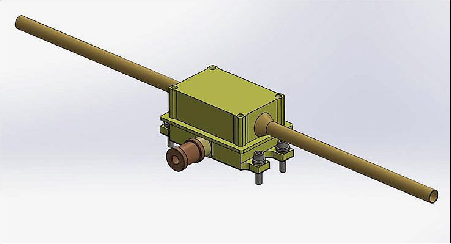 Figure 115: A CAD drawing of the V5 voltage sensor. Two short tubes act as a single (electrically tied) sensor to measure the plasma voltage. A simple preamplifier is housed in an attached enclosure. The tubes can be current-biased and the preamp enclosure can be voltage-biased (image credit: FIELDS collaboration)
