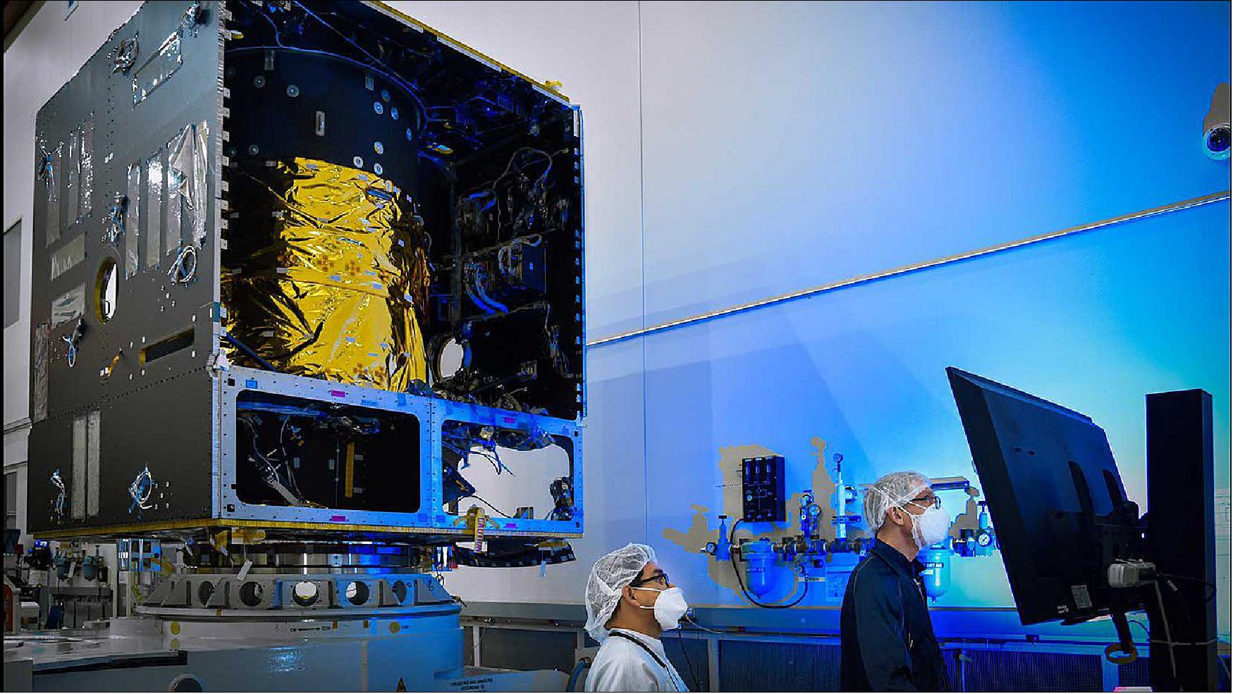 Figure 17: Technicians power on the main body of NASA's Psyche spacecraft, called the SEP (Solar Electric Propulsion) Chassis, at Maxar Technologies in Palo Alto, CA, in November 20202 (image credit: Maxar Technologies)