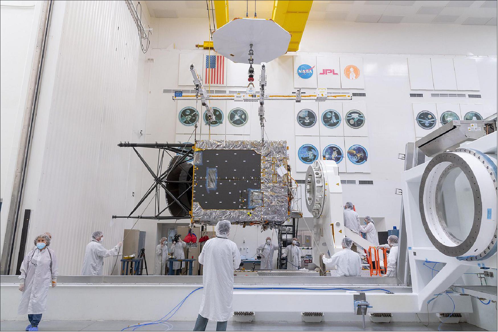 Figure 15: A major component of NASA's Psyche spacecraft has been delivered to the agency's Jet Propulsion Laboratory in Southern California, where the phase known as assembly, test, and launch operations (ATLO) is now underway. Taken on March 28, 2021, this photo shows the Solar Electric Propulsion (SEP) Chassis just after it was delivered to JPL by Maxar Technologies. Here, the chassis is about to be attached to the dolly in High Bay 1 of JPL's Spacecraft Assembly Facility (image credit: NASA/JPL-Caltech)