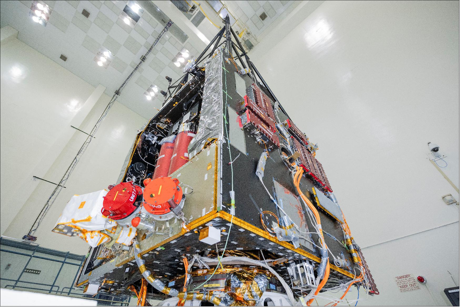 Figure 10: NASA's Psyche spacecraft is photographed in July 2021 during the mission's assembly, test, and launch operations phase at the agency's Jet Propulsion Laboratory in Southern California. The spacecraft will use four Hall thrusters to propel itself to the metal-rich asteroid Psyche, using solar electric propulsion. Two thrusters are visible beneath red round protective covers, after being integrated into the spacecraft. This will be the first use of Hall thrusters beyond lunar orbit, demonstrating that they could play a role in supporting future deep space missions (image credit: NASA/JPL-Caltech)