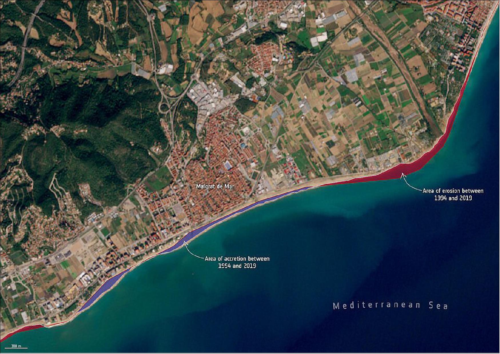 Figure 62: This image shows the shoreline changes along the coast of Malgrat de Mar, Spain. Areas of erosion between 1994 and 2019 are visible in red, while areas of accretion between 1994 and 2019 are visible in blue. The 1994 coastline data is extracted from US Landsat data while the 2019 data is from the Copernicus Sentinel-2 mission (image credit: ESA, the image contains modified Copernicus sentinel data (2018-19), processed by ESA/ARGANS Ltd/Landsat)