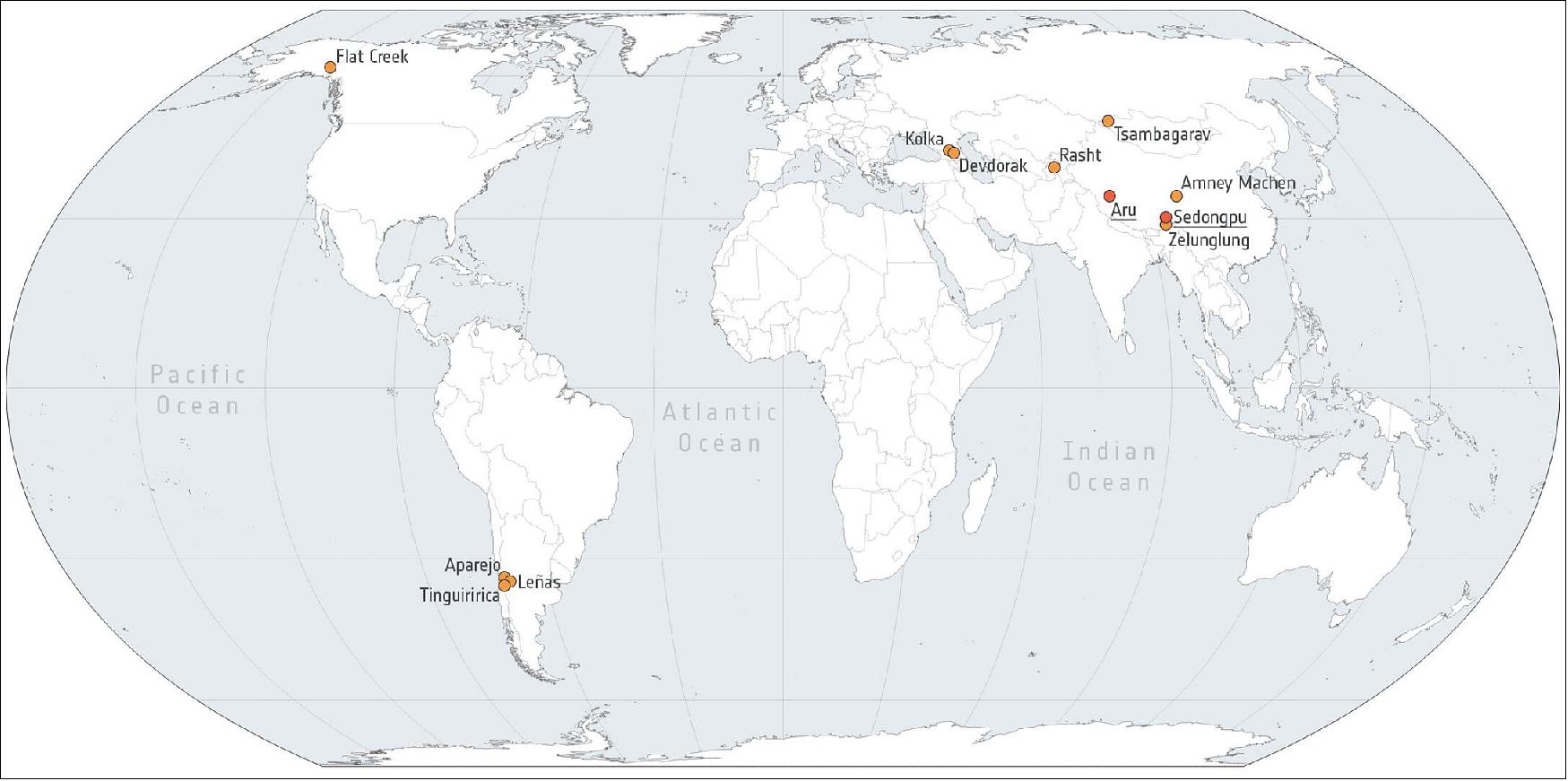 Figure 53: Global occurrence of glacier detachments. New research shows that climate change might be having a more dramatic effect on mountain glaciers than thought, causing them to leave their bed and act more like avalanches (image credit: CCI Glacier team/ESA)