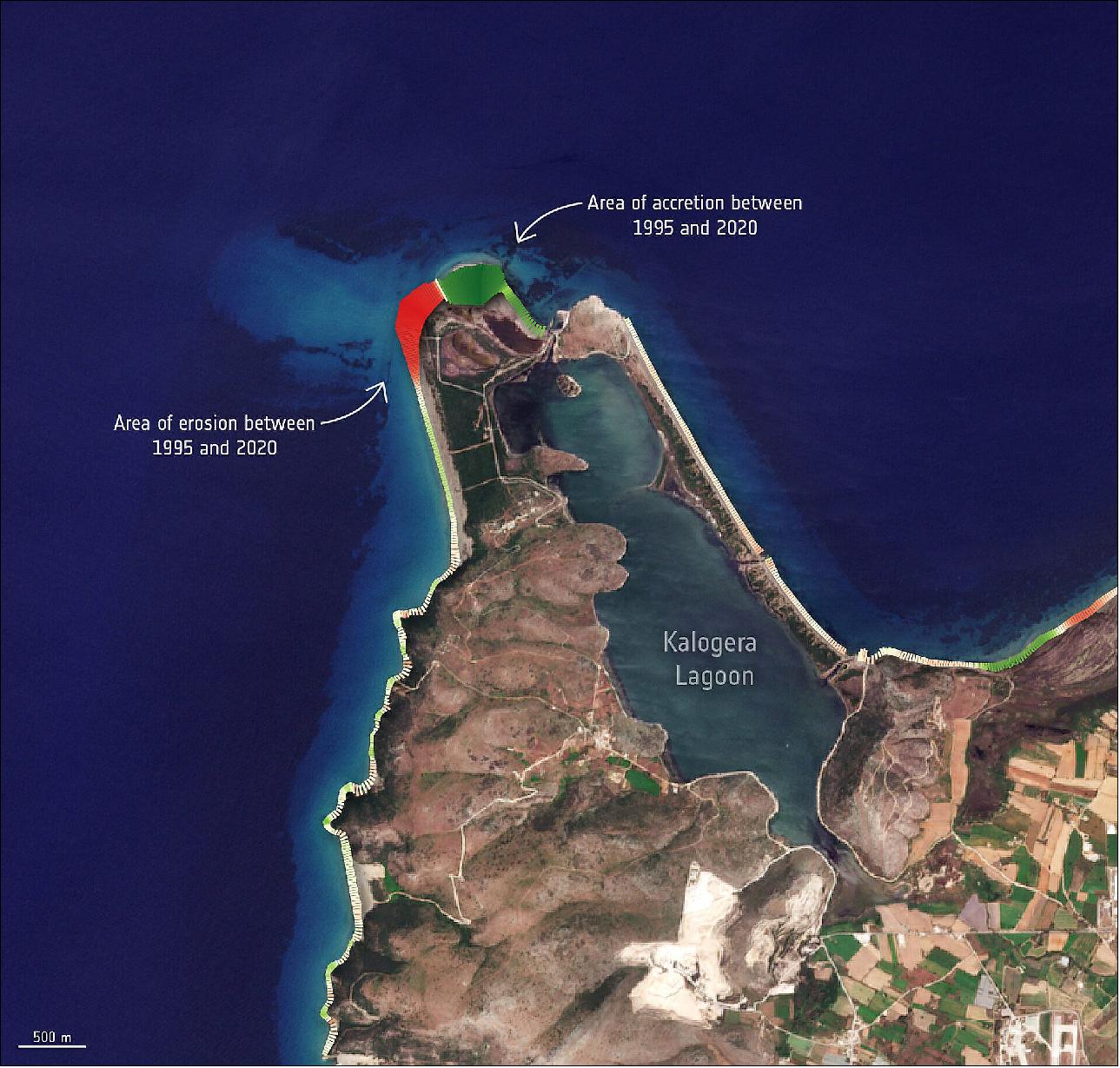 Figure 47: This image shows shoreline changes near Kalogera Lagoon, along the Peloponnese peninsula in southern Greece. Areas in red indicate erosion between 1995 and 2020, while areas in green show strong accretion during the same time period. Coastline data from 1995 to 2020 has been overlaid onto a Copernicus Sentinel-2 image from 2021 (image credit: ESA, the image contains modified Copernicus Sentinel data (2021), processed by ESA/Space for Shore)