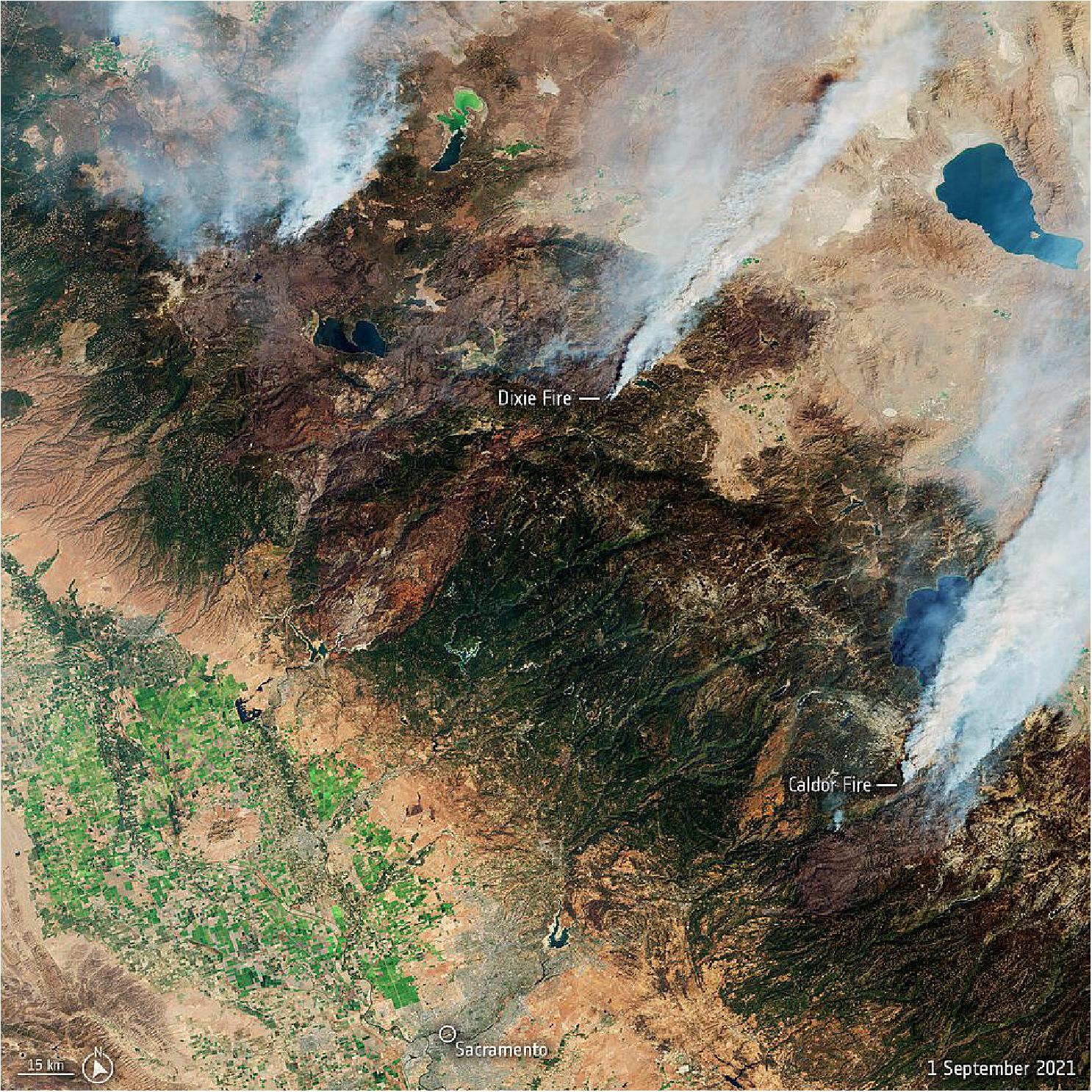 Figure 23: While wildfires are a natural part of California’s landscape, a severe drought, coupled with extreme temperatures, have sustained several major fires for much of August. As of 14 September, more than 7000 wildfires have been recorded, burning over 900 000 hectares across the state (image credit: ESA, the image contains modified Copernicus Sentinel data (2021), processed by ESA, CC BY-SA 3.0 IGO)