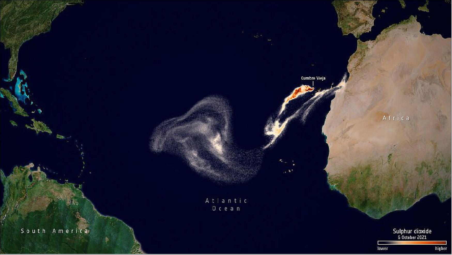 Figure 16: Atmospheric sensors on satellites can also identify the gases and aerosols released by the eruption, as well as quantify their wider environmental impact. This image shows the sulphur dioxide emissions from the eruption on 6 October captured by the Copernicus Sentinel-5P satellite, moving over the Atlantic Ocean towards Central America (image credit: ESA, the image contains modified Copernicus Sentinel data (2021), processed by ESA, CC BY-SA 3.0 IGO)