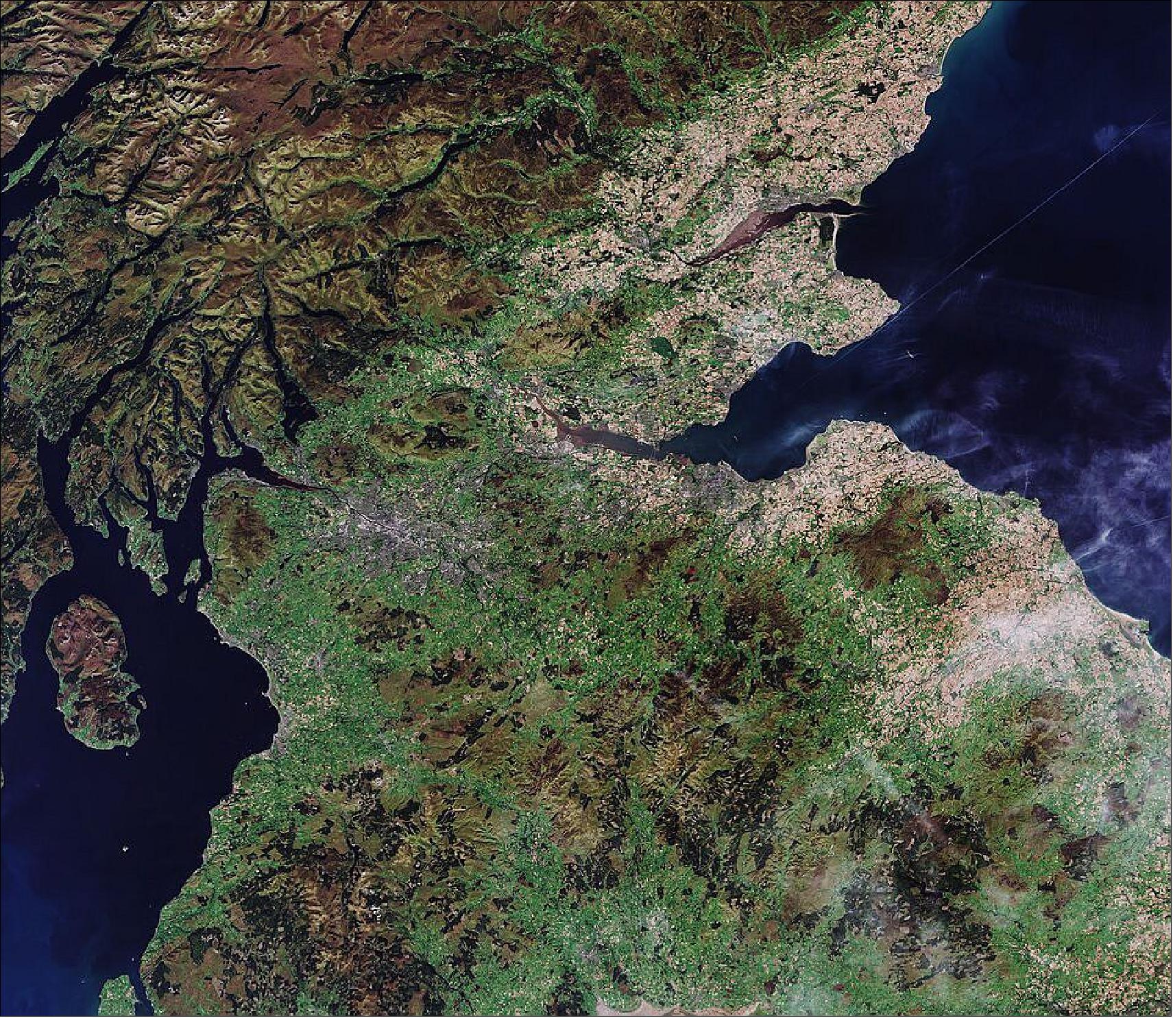 Figure 11: Situated in west-central Scotland, Glasgow is the largest city in the country. It lies along both banks of the River Clyde, the ninth-longest river in the United Kingdom and the third-longest in Scotland. The city occupies much of the lower Clyde valley, and its suburbs extend into the surrounding districts. This image is also featured in this week's edition of the Earth from Space video program (image credit: ESA - European Space Agency)