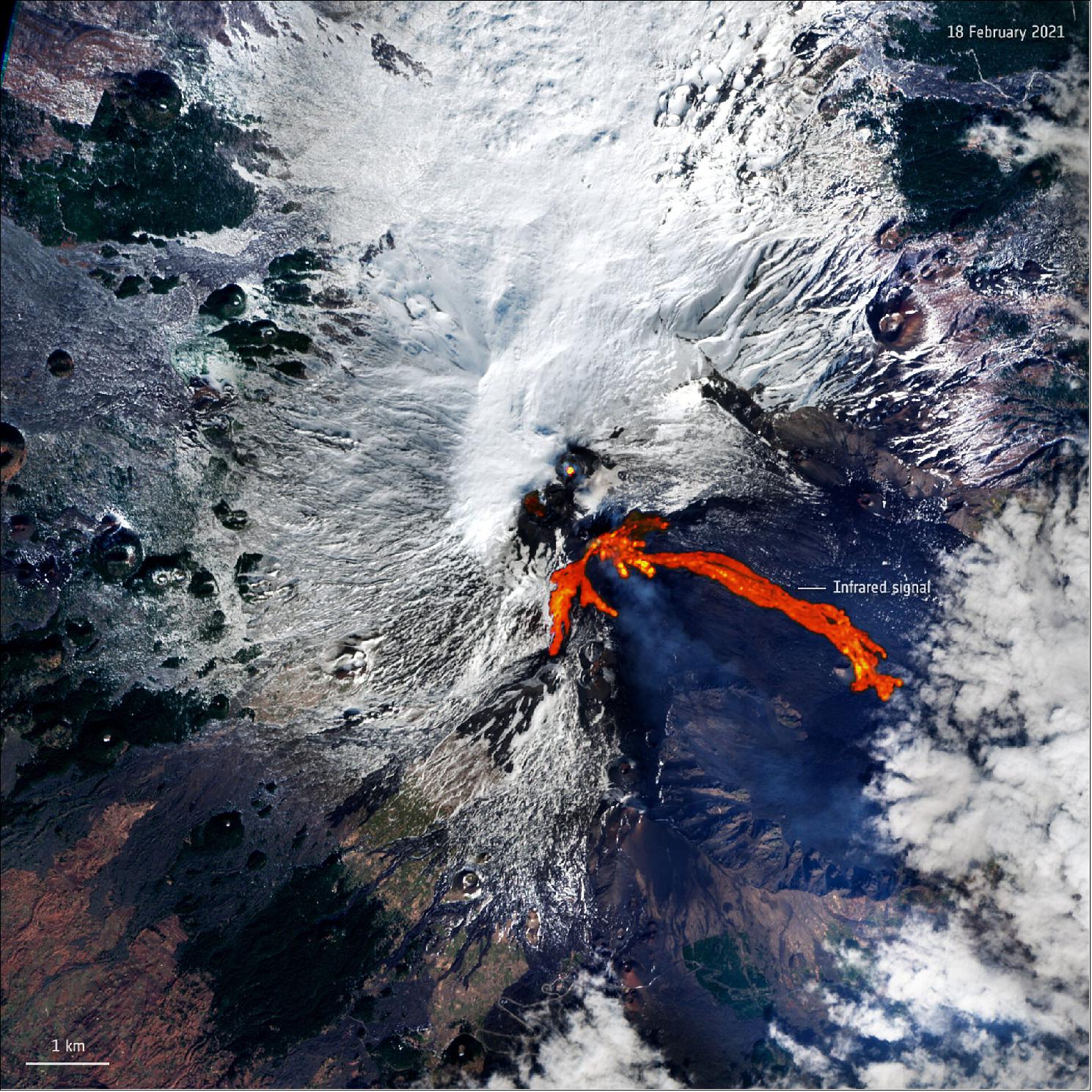 Figure 70: Italy’s Mount Etna, one of the world’s most active volcanoes, has erupted twice in less than 48 hours, spewing a fountain of lava and ash into the sky. This image, captured yesterday 18 February 2021 at 09:40 GMT by the Copernicus Sentinel-2 mission, has been processed using the mission’s shortwave-infrared band to show the lava flow in bright red (image credit: ESA, the image contains modified Copernicus Sentinel data (2021), processed by ESA, CC BY-SA 3.0 IGO)