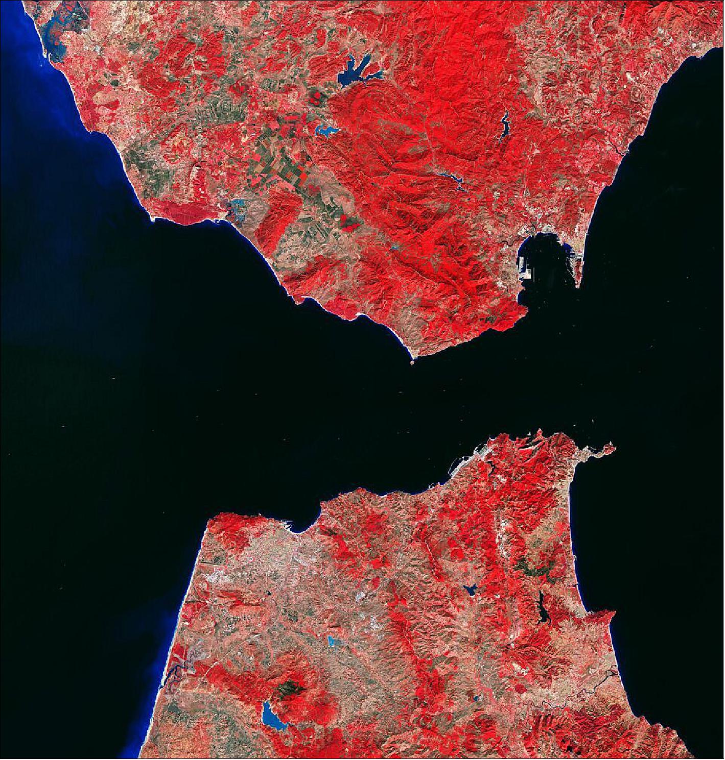 Figure 67: This false-color image, captured on 28 October 2020, was processed in a way that included the near-infrared channel. This type of band combination from Copernicus Sentinel-2 is most commonly used to assess plant density and health, as plants reflect near-infrared and green light, while absorbing red. Since they reflect more near-infrared than green, dense, plant-covered land appears in bright red. This image is also featured in the Earth from Space program (image credit: ESA)