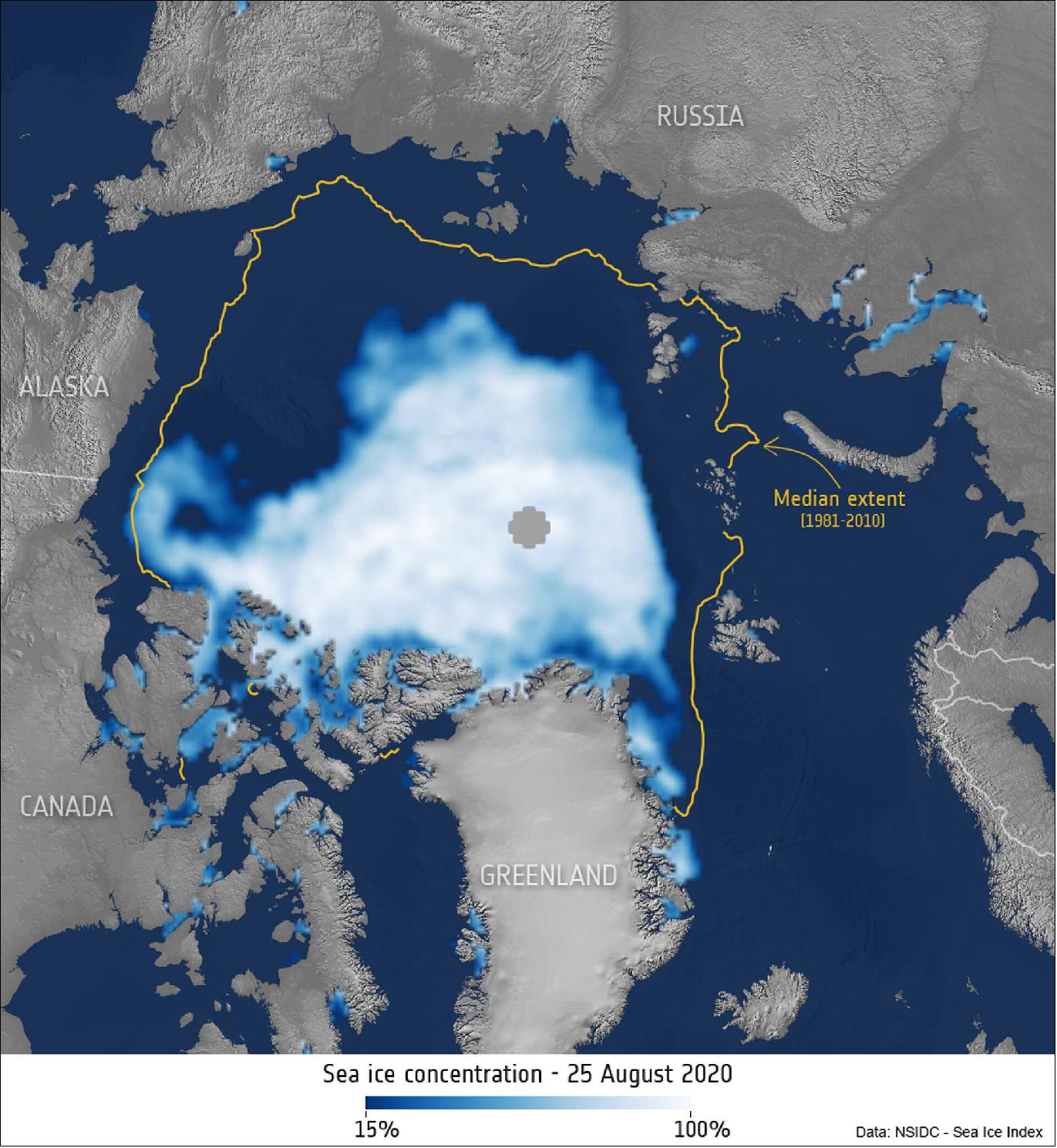 Figure 51: This map shows the Arctic sea ice extent on 25 August 2020. The orange line shows the 1981 to 2010 median extent for that day. The grey circle in the middle indicates a lack of data (image credit: NSIDC/processed by ESA)