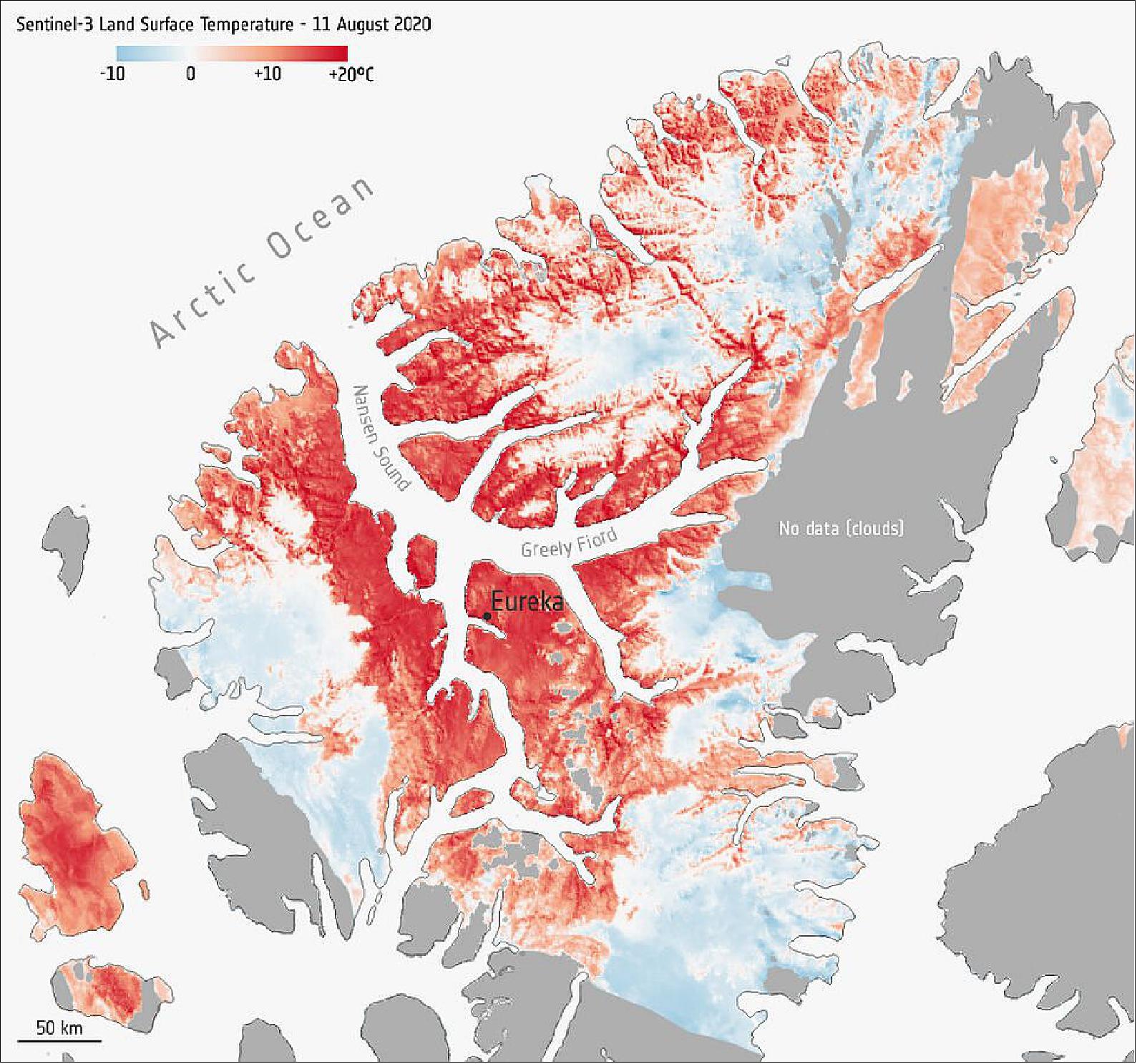 Figure 49: This map shows the land surface temperature of the Eureka region in the Canadian territory of Nunavut on 11 August 2020. This map has been generated using data from Copernicus Sentinel-3’s Sea and Land Surface Temperature Radiometer (SLSTR). While weather forecasts use near surface air temperatures, Sentinel-3 measures the amount of energy radiating from Earth’s surface (image credit: ESA, the map contains modified Copernicus Sentinel (2020), processed by ESA, CC BY-SA 3.0 IGO)