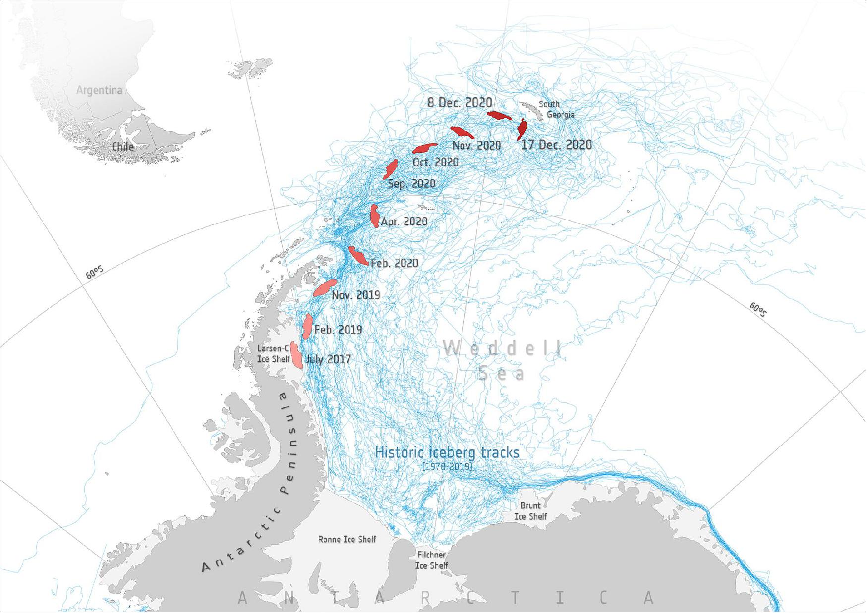 Figure 40: A-68A’s journey. The map shows the different positions of the berg over the course of its three-year journey. The map also includes historic iceberg tracks, based on data from a number of satellites including ESA’s ERS-1 and ERS-2 as part of the Antarctic Iceberg Tracking Database, and shows that A-68A is following this well-trodden path (image credit: ESA, the map contains modified Copernicus Sentinel data (2020), processed by ESA; Antarctic Iceberg Tracking Database)