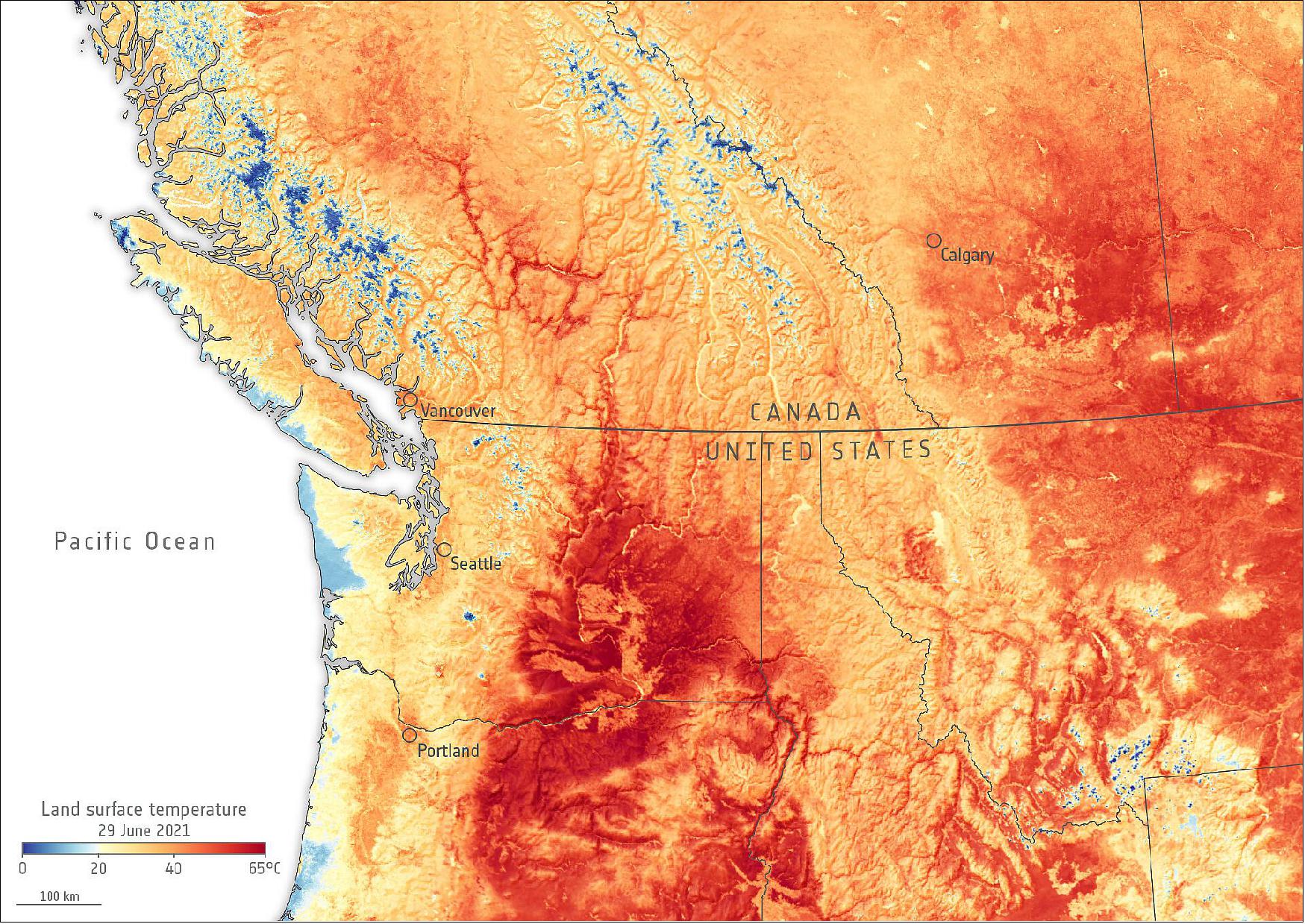 Figure 29: The map has been generated using data from the Copernicus Sentinel-3 mission. While weather forecasts typically use air temperatures, the Sea and Land Surface Temperature Radiometer onboard Sentinel-3 measures the energy radiating from Earth’s surface. Therefore, the map shows the actual temperature of the land’s surface pictured here, which can be significantly hotter or colder than air temperatures. The light blue in the image represents either snow and ice or cloud coverage. Snow and ice can be seen, for example, in the mountain ranges of Canada and Mount Rainier in the US, while some clouds can be seen on the Pacific Coast and in the bottom right of the map (image credit: ESA, the image contains modified Copernicus Sentinel data (2021), processed by ESA, CC BY-SA 3.0 IGO)