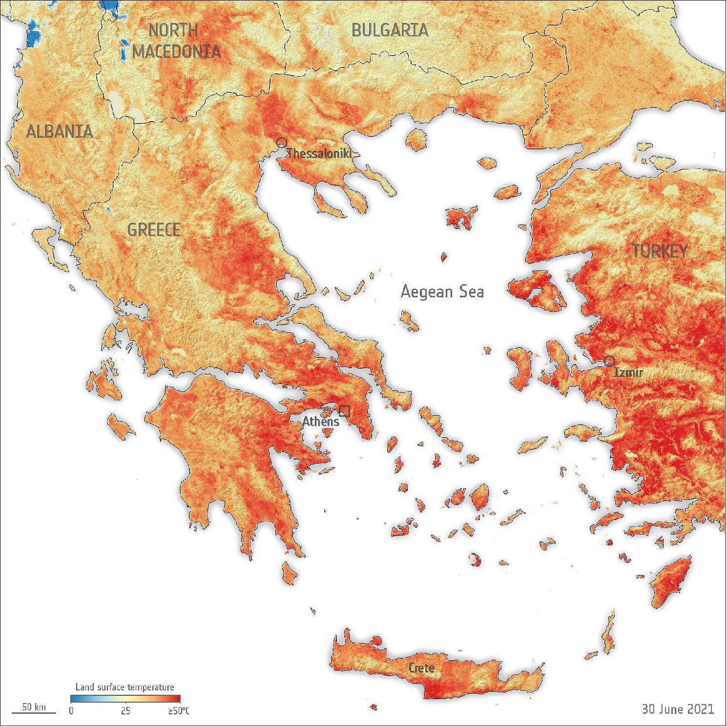 Figure 28: The map has been generated using the Copernicus Sentinel-3’s Sea and Land Surface Temperature Radiometer. Whereas weather forecasts use predicted air temperatures, the satellite measures the real amount of energy radiating from Earth – therefore this map better represents the real temperature of the land surface (image credit: ESA, the image contains modified Copernicus Sentinel data (2021), processed by ESA, CC BY-SA 3.0 IGO)