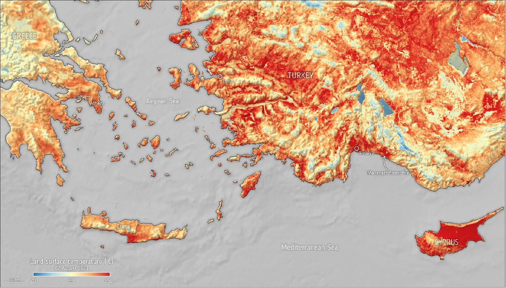 Figure 24: This map was generated using data from Copernicus Sentinel-3’s Sea and Land Surface Temperature Radiometer. While weather forecasts use predicted air temperatures, this satellite instrument measures the real amount of energy radiating from Earth – and depicts the real temperature of the land surface (image credit: ESA, the image contains modified Copernicus Sentinel data (2021), processed by ESA, CC BY-SA 3.0 IGO)