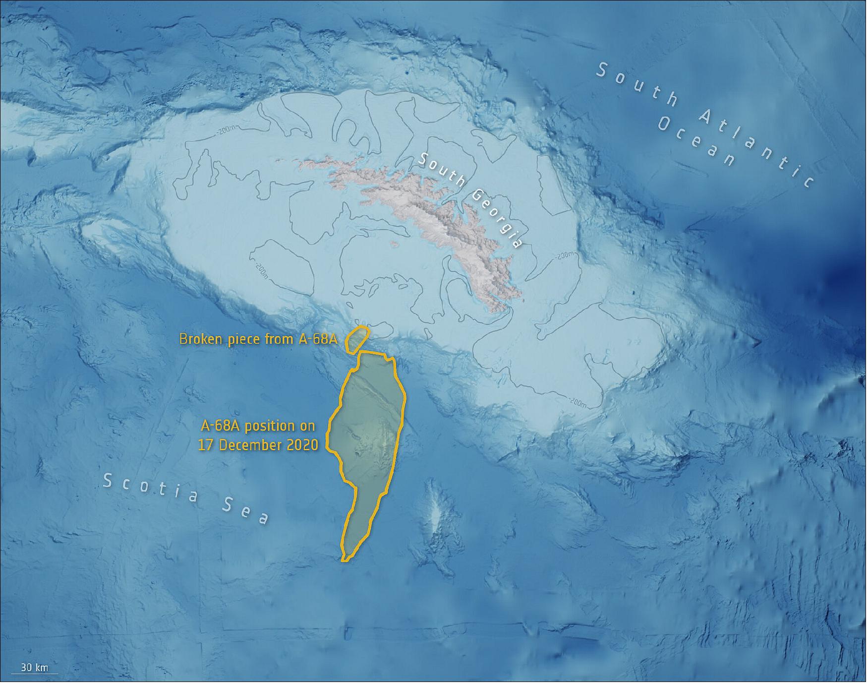 Figure 23: A-68A’s position on 17 December 2020 (British Antarctic Survey/ESA)