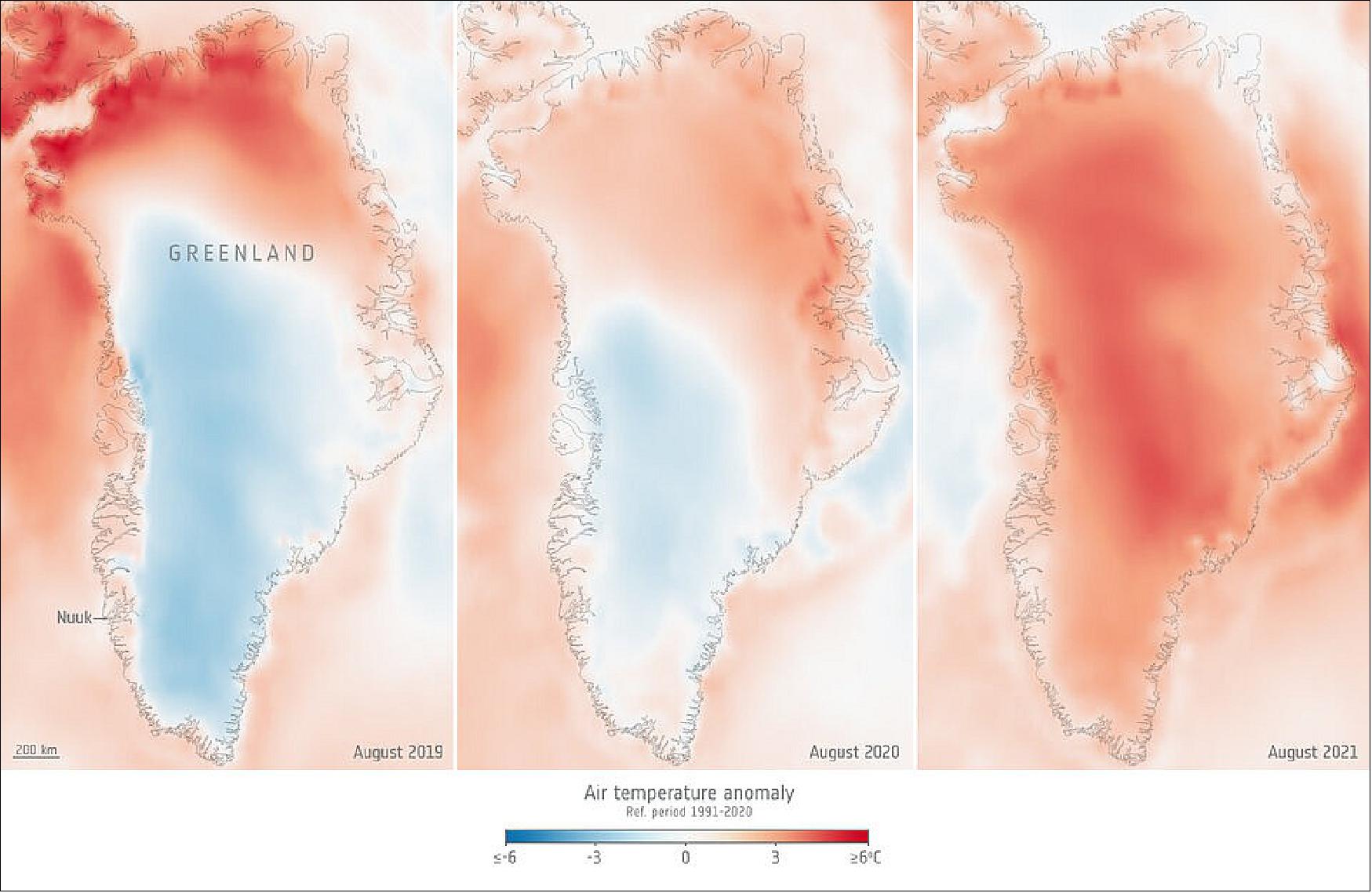 Figure 16: Greenland air temperature for August 2019, 2020, 2021, compared to the 1991–2020 August average. In the summer of 2021, unusually warm atmospheric rivers swept along Greenland, bringing potent melt conditions when the melt season would normally be drawing to a close. The image shows the air temperature over Greenland in the Augusts of 2019, 2020, 2021, compared to the 1991–2020 August average. Although this heatwave was followed by never-before-seen rainfall, it was the heat that led to a major melt, completely removing the surface snow, thereby changing the surface albedo so that Greenland snow and ice absorbed more of the Sun’s rays, further exacerbating the melt [image credit: Copernicus Climate Change Service/ECMWF/ESA (data ERA5)]