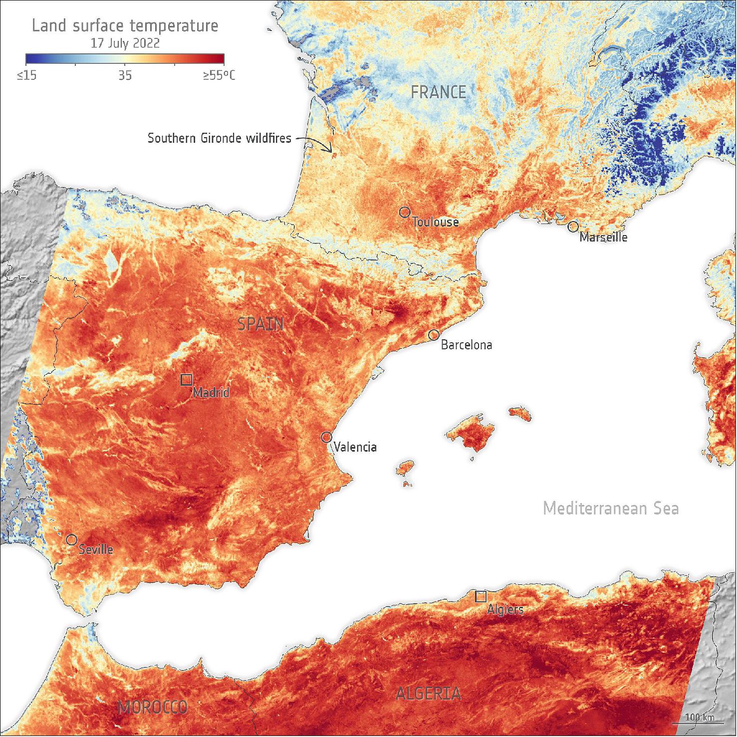 Figure 12: With searing temperatures and a string of record highs being smashed across western Europe, the current heatwave is all too apparent. Extreme heat warnings have been issued in several countries including France, Spain and Portugal, and deadly wildfires have forced thousands to flee their homes. This satellite image is an example of how the crisis is being viewed by satellites orbiting Earth. - This image, which uses data from the Copernicus Sentinel-3 mission’s radiometer instrument, shows the temperature of the land surface in southern France, Spain and northern Africa in the morning of 17 July 2022. - It is worth noting the difference between air temperature and land-surface temperature. Air temperature, given in our daily weather forecasts, is a measure of how hot the air is above the ground. Land-surface temperature instead is a measure of how hot the actual surface would feel to the touch. The image clearly shows that, in some places, the surface of the land reached a whopping 55°C. Considering Copernicus Sentinel-3 acquired these data in the morning, the temperature would have increased through the afternoon (image credit: ESA, the image contains modified Copernicus Sentinel data (2022), processed by ESA, CC BY-SA 3.0 IGO)