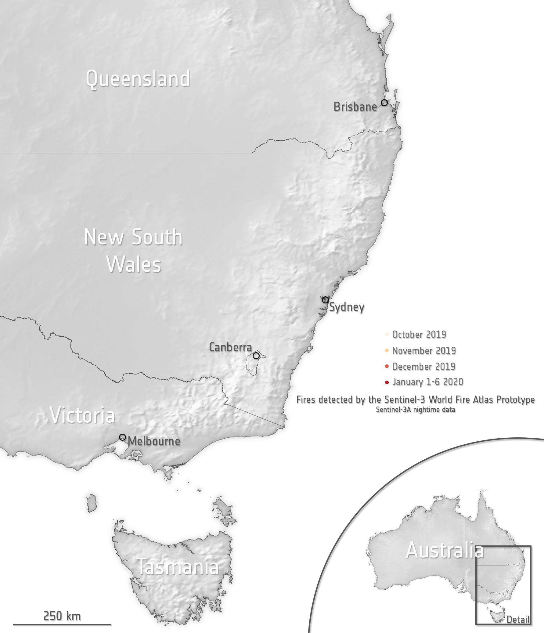 Figure 57: While this image was captured by the mission’s OLCI (Ocean and Land Color Instrument), which offers camera-like images, the mission’s SLSTR (Sea and Land Surface Temperature Radiometer) instrument can record fire hotspots. This instrument works like a thermometer in the sky, measuring thermal infrared radiation to take the temperature of Earth’s land surfaces. The instrument’s two dedicated fire channels are used to compile the World Fire Atlas. The animation here shows how the number of fires increased between October 2019 and January 2020. The measurements were taken by the Copernicus Sentinel-3A satellite at night only, and since the spatial resolution is limited to 1 km, the animation, as shocking as it is, actually underestimates the number of fires (image credit: ESA, the image contains modified Copernicus Sentinel data (2019-2020), processed by ESA)