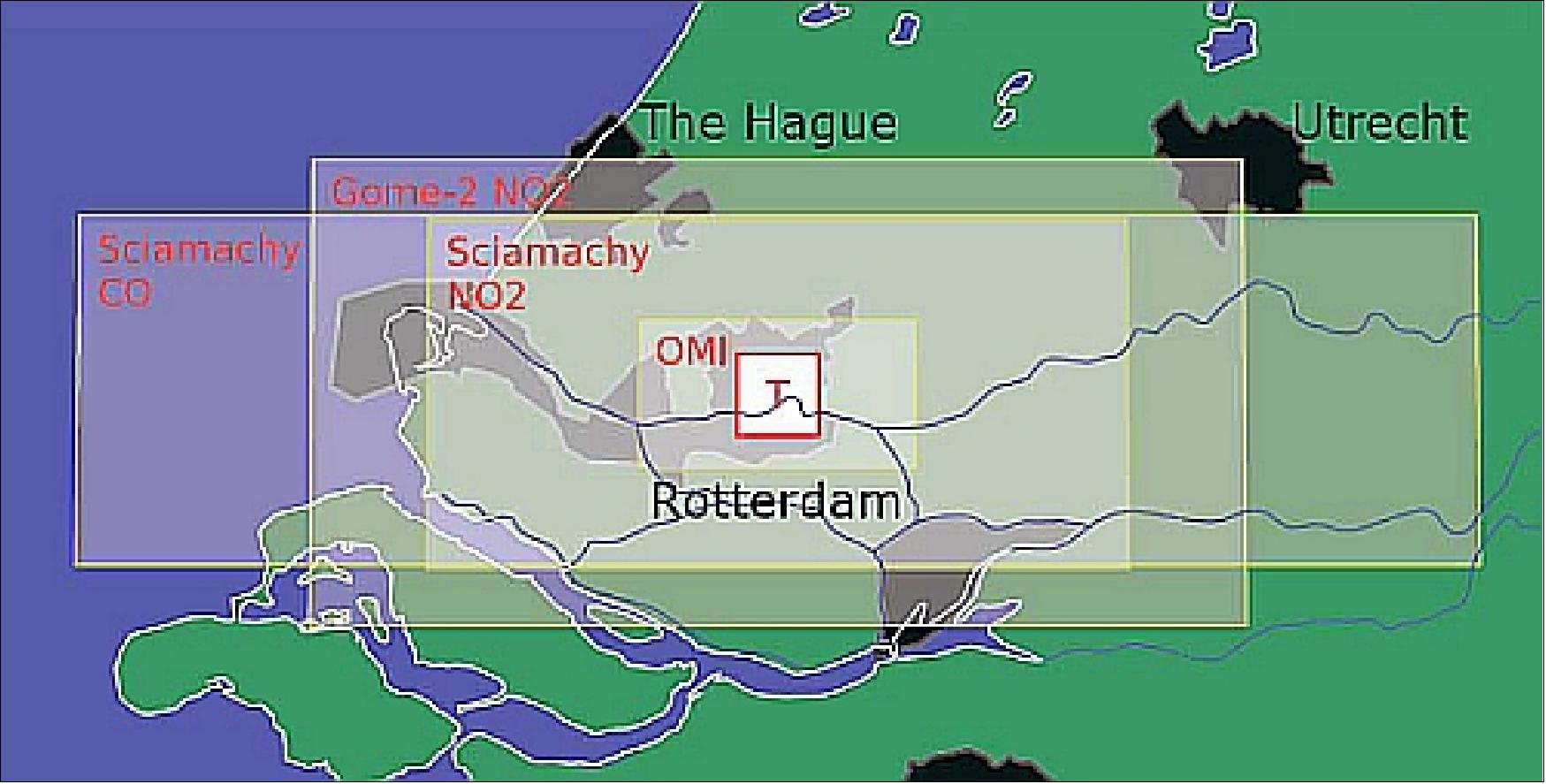 Figure 87: A schematic view of the 7 x 7 km2 ground pixel resolution of TROPOMI (T) compared to OMI, SCIAMACHY and GOME-2 (image credit: Dutch Space, Ref. 61)