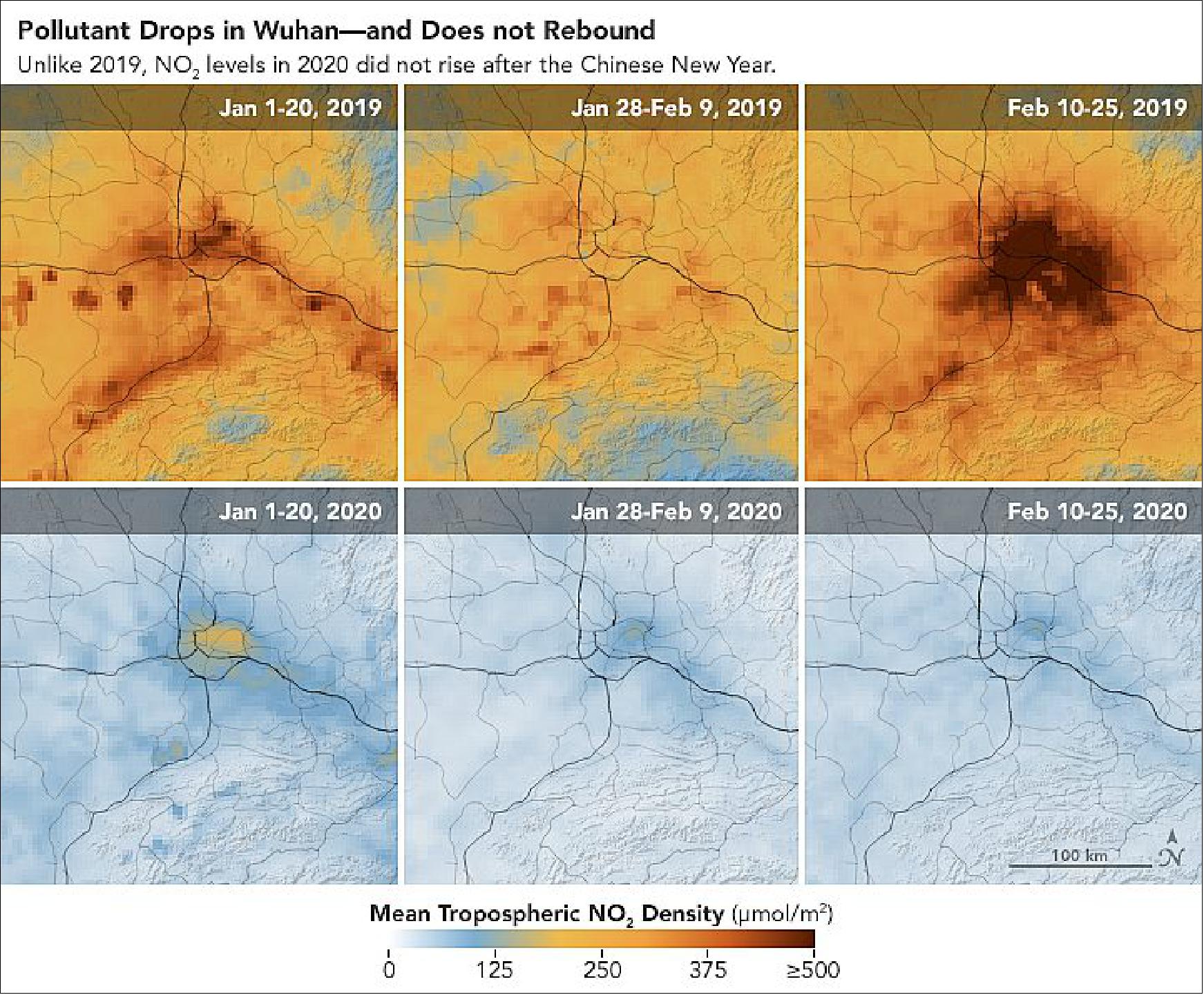 Figure 84: These maps show NO2 values over three periods in 2020: January 1-20 (before Lunar New Year), January 28-February 9 (around New Year celebrations), and February 10-25 (after the event). The 2020 values are compared to the same periods in 2019 for reference. Lefer noted that the overall values in 2020 were lower than 2019 due to new environmental regulations that China has enforced over the past few years (image credit: NASA Earth Observatory)