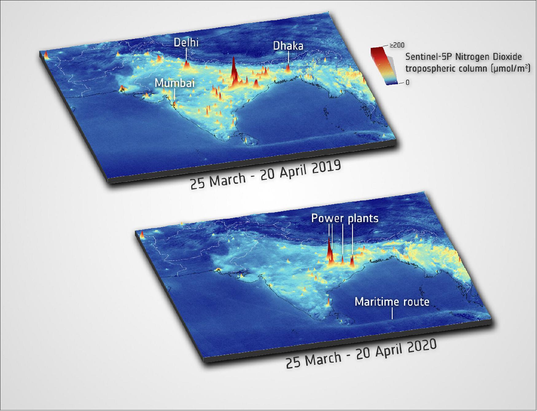 Figure 74: These images, using data from the Copernicus Sentinel-5P satellite, show the average nitrogen dioxide (NO2) concentrations from 25 March to 20 April 2019 and average concentrations from 25 March to 20 April 2020. The spikes in the top image show concentrations from 2019 over Delhi and Mumbai. Owing to COVID-19 restrictions, the 2020 image shows high concentrations in northeast India, which coincides with the ongoing activity in coal-based power plants in east India (image credit: ESA, the image contains modified Copernicus Sentinel data (2019-20), processed by ESA, CC BY-SA 3.0 IGO)