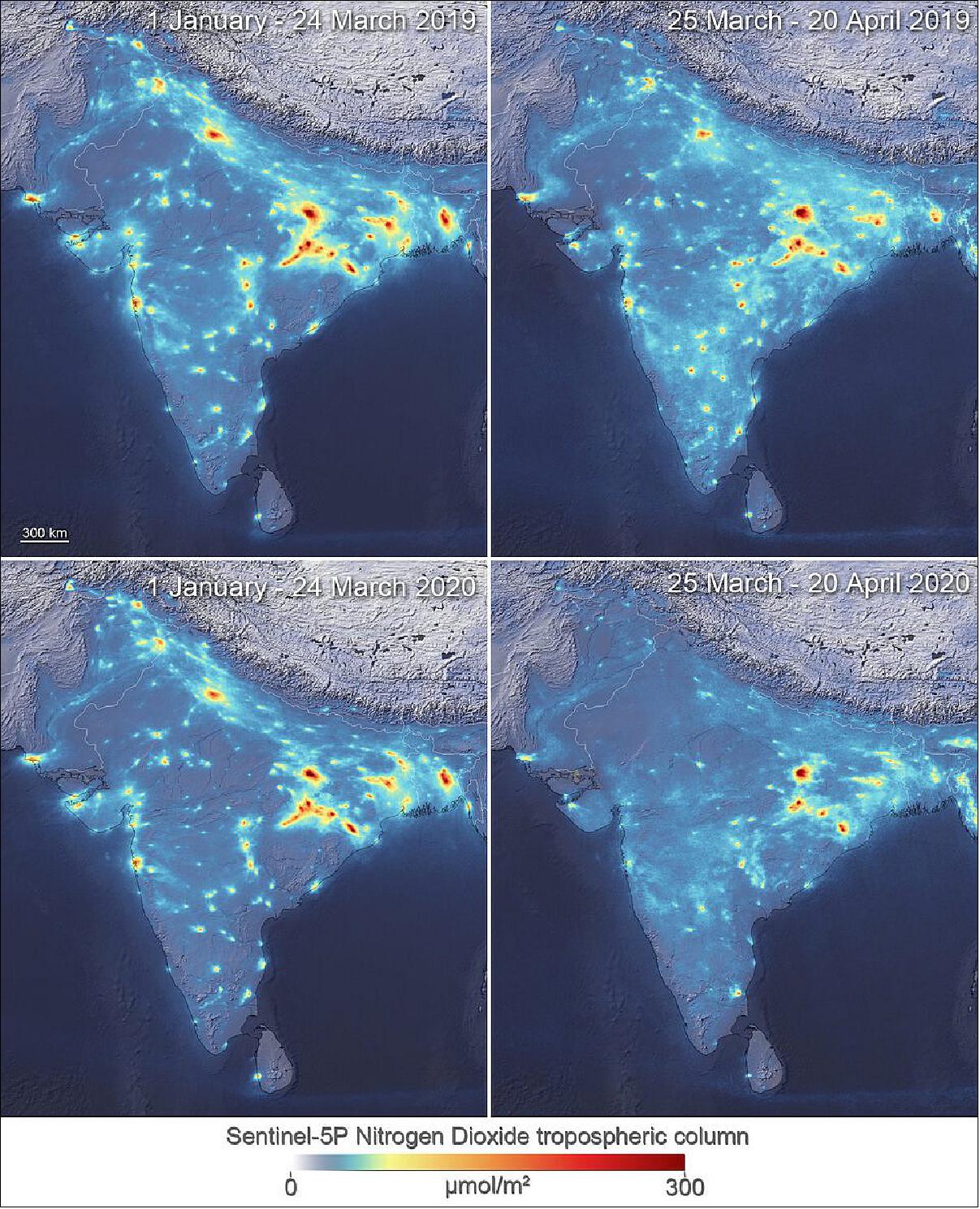 Figure 73: These images, using data from the Copernicus Sentinel-5P satellite, show the average nitrogen dioxide concentrations from 1 January to 24 March 2020 and 25 March (the first day of the lockdown) to 20 April 2020 – compared to the same time-frame as last year. The significant reduction in the concentrations can be seen over major cities across India. Mumbai and Delhi saw drops of around 40-50% compared to the same time last year. A trail of nitrogen dioxide emissions from maritime traffic can be seen as a faint line over the Indian Ocean (visible in the bottom of the image.) Shipping lanes appear as straight lines owing to commercial ships following more or less the same route. The concentrations of nitrogen dioxide in our atmosphere vary widely on a daily basis. Variations owing to weather conditions make it necessary to average data over substantial periods of time – allowing for more accurate assessments to be made (image credit: ESA, the image contains modified Copernicus Sentinel data (2019-20), processed by ESA, CC BY-SA 3.0 IGO)
