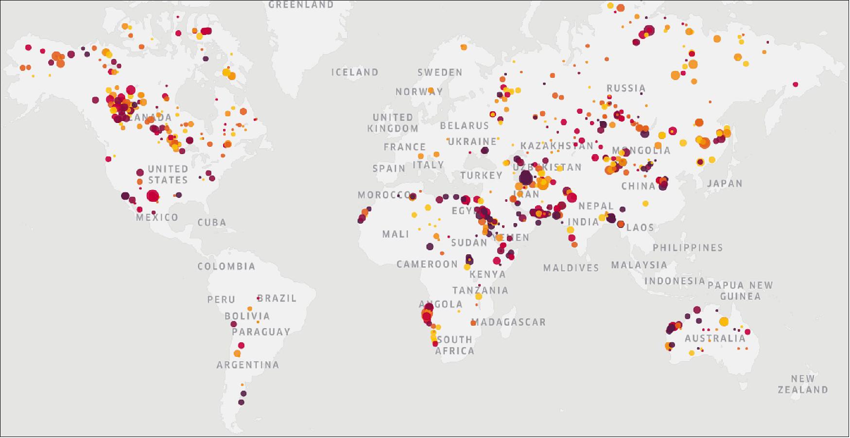 Figure 70: This image shows a sample of abnormal methane concentrations over 2019. The size and color of the circles indicate the size and intensity of the plume detected. The redder the color, the higher the concentration of the methane plume (image credit: ESA, the image contains modified Copernicus Sentinel data (2019), processed by Kayrros)