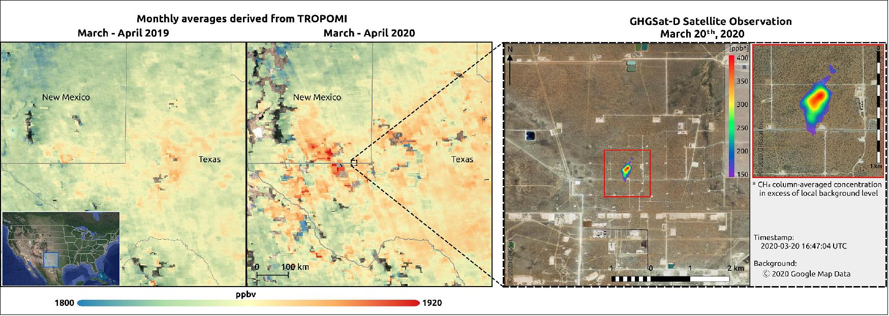 Figure 63: Methane concentrations over the Permian Basin. GHGSat uses data from the Copernicus Sentinel-5P satellite to detect emission hotspots in various regions – including the Permian Basin. The image on the left shows the enhanced methane concentrations over the Permian basin, while the image on the right highlights the exact facility in the Permian Basin leaking methane (image credit: GHGSat)