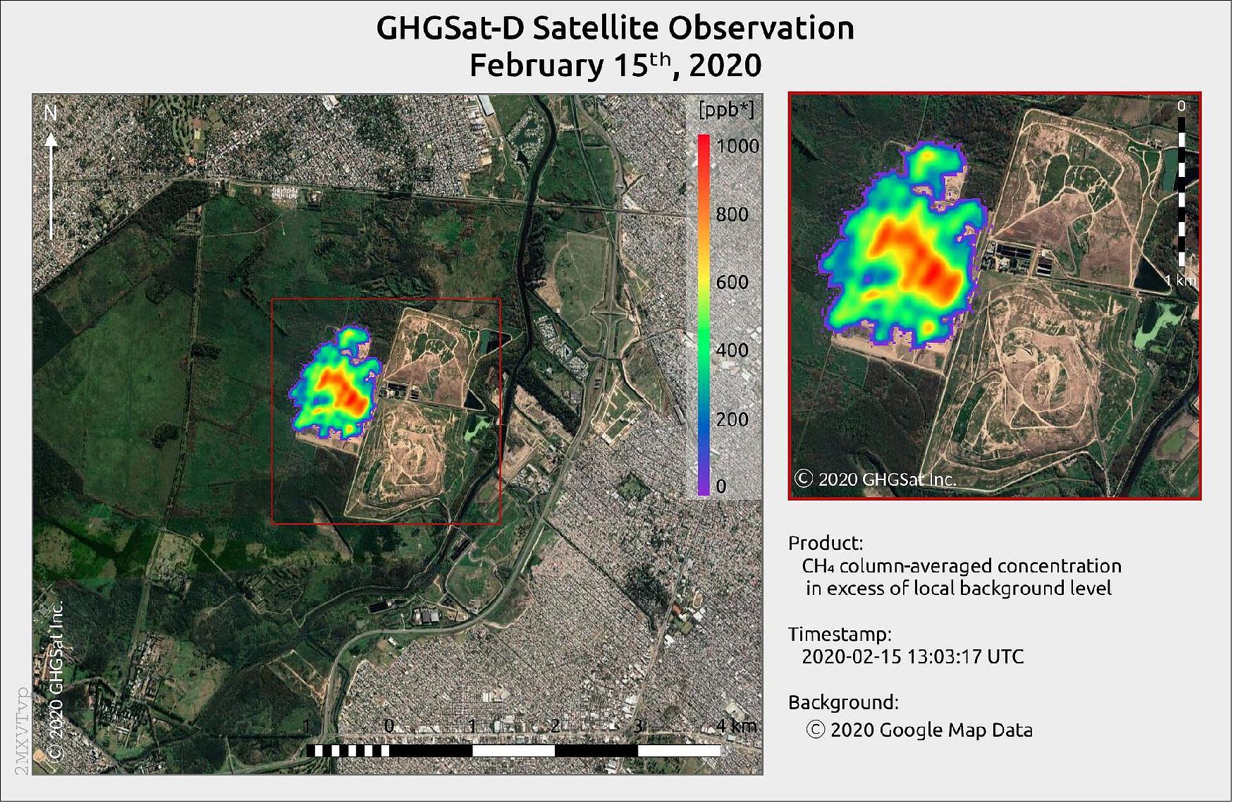 Figure 53: Captured by GHGSat's Claire mission on 15 February 2020, this image shows concentrations of methane from the Norte III landfill site in Buenos Aires, Argentina. GHGSat is a New Space initiative that draws on Copernicus Sentinel-5P data for mapping methane hotspots [image credit: GHGSat (background ©2020 Google map data)]