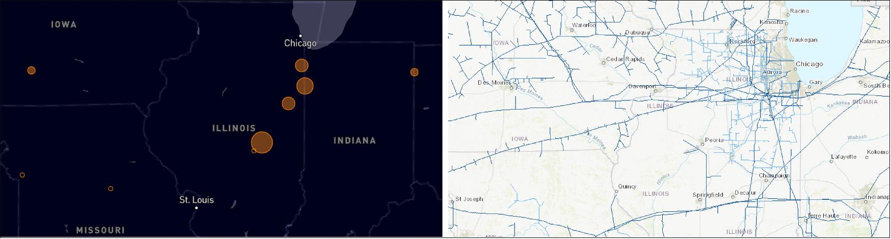 Figure 40: The image on the left shows examples of large methane concentrations in non-oil and gas producing regions in the US, potentially due to pipeline maintenance. The image on the right shows a map of pipelines in the same region [image credit: ESA, the image contains modified Copernicus data (2020), processed by Kayrros (left); U.S. Energy Information Administration (right)]