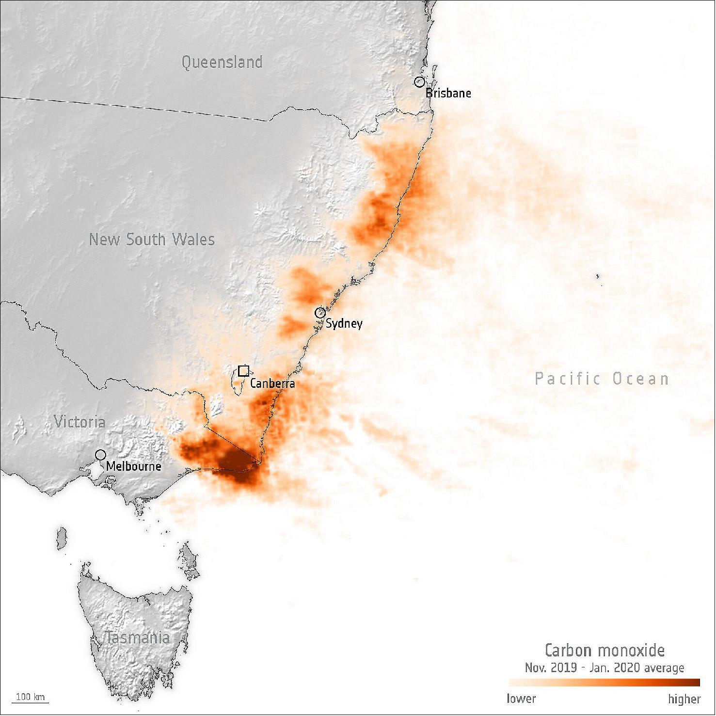 Figure 31: This image uses information from the Copernicus Sentinel-5P mission and shows the average carbon monoxide concentrations from 1 November 2019 to 31 January 2020. Carbon monoxide is commonly associated with traffic, but the concentrations here are due to the bushfires. Naturally, once in the air, it can cause problems for humans by reducing the amount of oxygen that can be transported in the bloodstream (image credit: ESA, the image contains modified Copernicus Sentinel data (2019-20), processed by ESA, CC BY-SA 3.0 IGO, CC BY-SA 3.0 IGO)