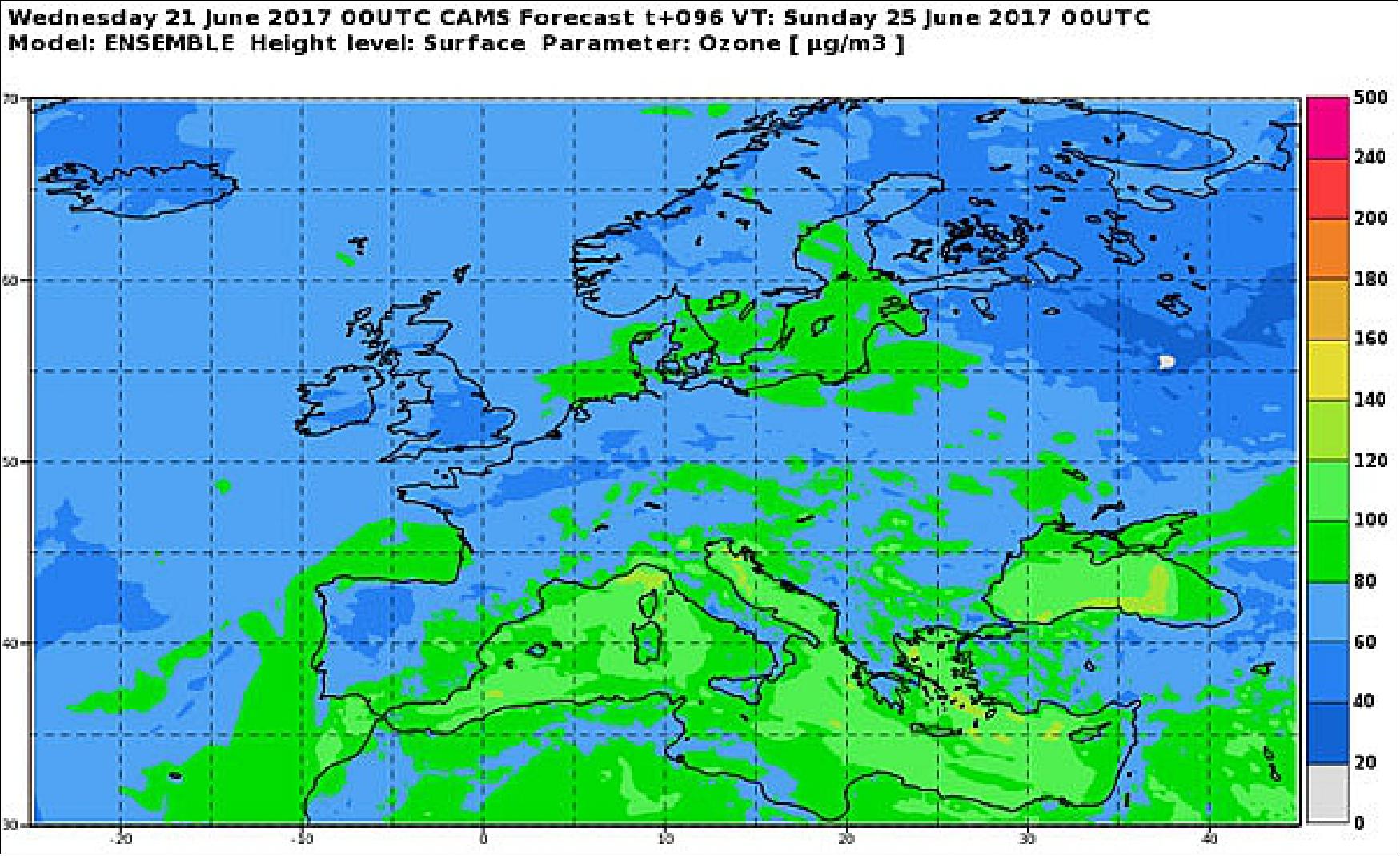 Figure 13: European-scale air quality forecast of ozone: The CAMS (Copernicus Atmosphere Monitoring Service) provides European-scale air quality forecasts for every hour, up to 4 days in advance, supplied by the EURAD model. The maps provided are representative for large scale phenomena, and they cannot reproduce local aspects of air pollution (image credit: CAMS)
