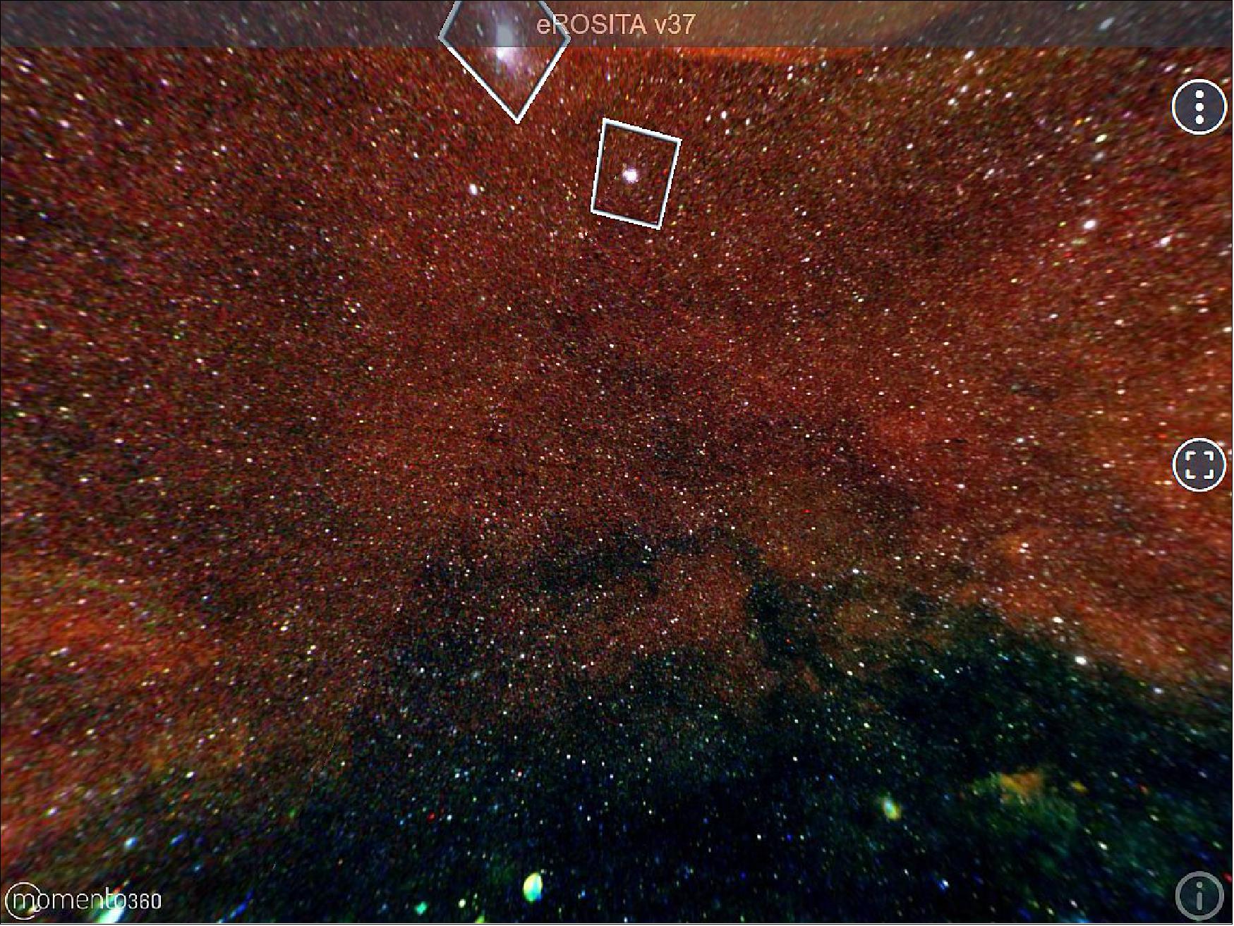 Figure 13: With increasing exposure (each point in the sky has been observed by the SRG/eROSITA telescope for more than 500 seconds), the sensitivity of the survey increases, and it becomes possible to plot the energy spectra of individual sources and study their variability over time. This map is projected from the position of the telescope at the Lagrange point L2 (image credit: MPG)