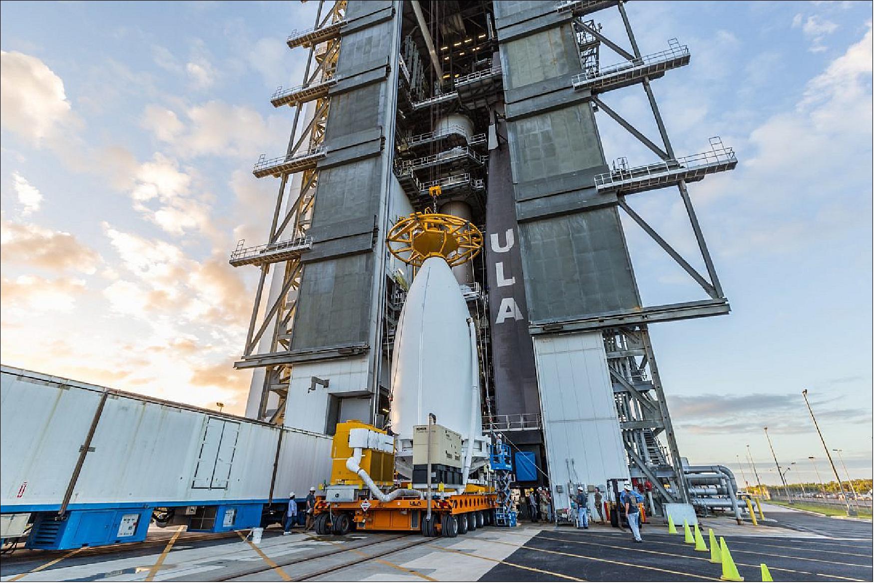 Figure 10: The Space Test Program-3 (STP-3) mission for the U.S. Space Force’s (USSF) Space Systems Command (SSC) is mounted atop its ride to space, the United Launch Alliance (ULA) Atlas V rocket, in preparation for launch. STP-3 will host NASA’s Laser Communication Relay Demonstration (LCRD). LCRD will send and receive data over infrared lasers at approximately 1.2 Gbit/s from GEO to Earth and seeks to make operational laser communications a reality (photo credit: United Launch Alliance)