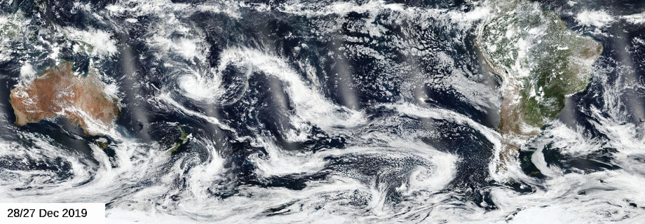 Figure 30: The VIIRS RGB imagery provides a “true-color” view of the smoke. (Note that these images do not represent what a human would see from orbit. In these images, the effect of Rayleigh scattering, which would add “blue haze,” has been taken out.) While useful, it is often hard to distinguish smoke over clouds and, sometimes, over dark ocean surfaces (image credit: NASA, Colin Seftor)