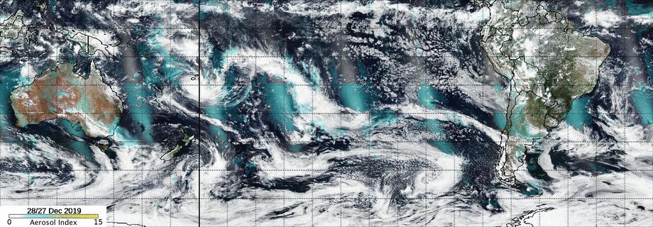 Figure 31: The UV aerosol index is a qualitative product that can easily detect smoke (and dust) over all types of land surfaces. It also has characteristic that is particularly well suited for identifying and tracking smoke from pyroCb events: the higher the smoke plume, the larger the aerosol index value. Values over 10 are often associated with such events. The aerosol index values produced by some of the Australian pyroCb events have rivaled that larges ever recorded (image credit: NASA, Colin Seftor)