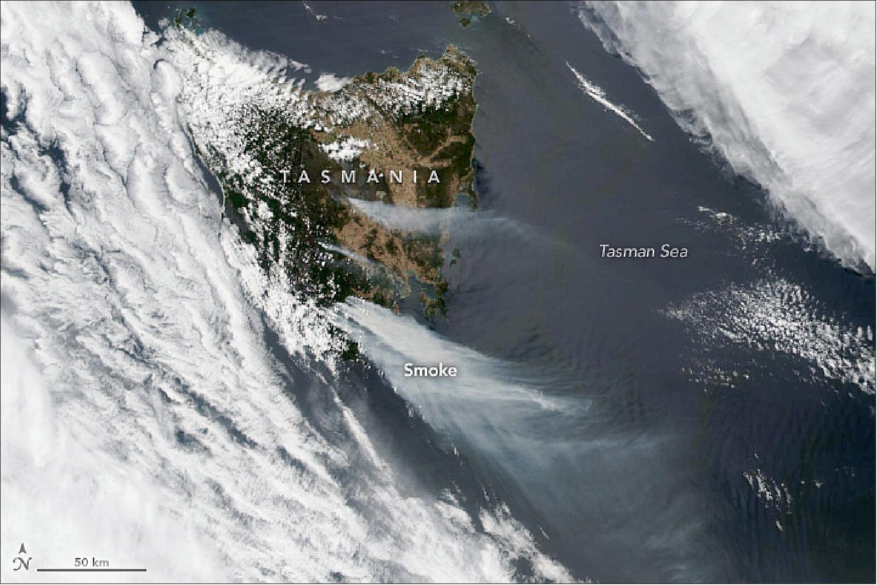 Figure 61: Suomi NPP image of the southernmost island state of Australia, located 240 km to the south of the Australian mainland, captured on 28 January 2019 with VIIRS instrument showing the various fires (image credit: NASA Earth Observatory image by Lauren Dauphin, using VIIRS data from Suomi NPP, text by Kasha Patel)