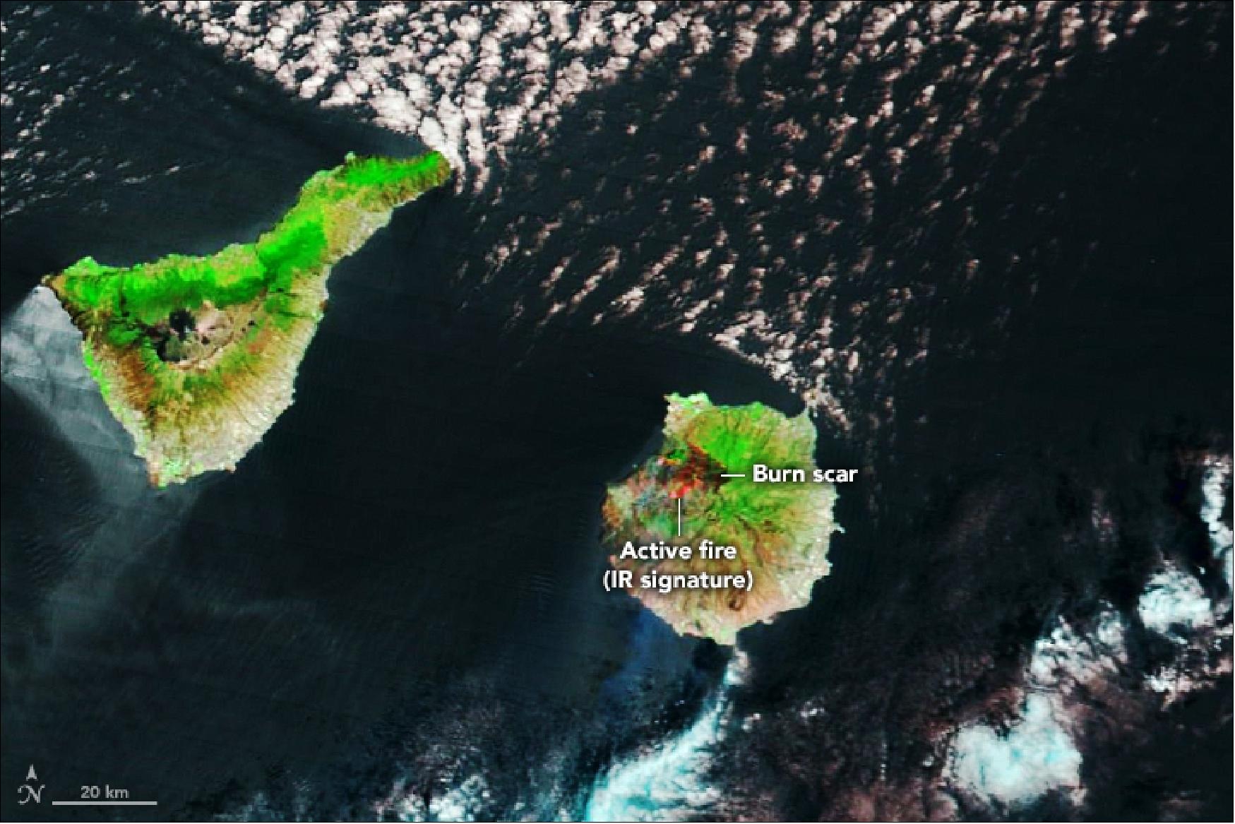 Figure 44: MODIS acquired this false-color image on 19 August. It is composed from a combination of visible and infrared light (MODIS bands 7-2-1) that help distinguish charred vegetation (black) from unburned vegetation (green). Areas with minimal vegetation appear brown (image credit: NASA Earth Observatory, image by Joshua Stevens, using data from the Level 1 and Atmospheres Active Distribution System (LAADS) and Land Atmosphere Near real-time Capability for EOS (LANCE), story by Adam Voiland)