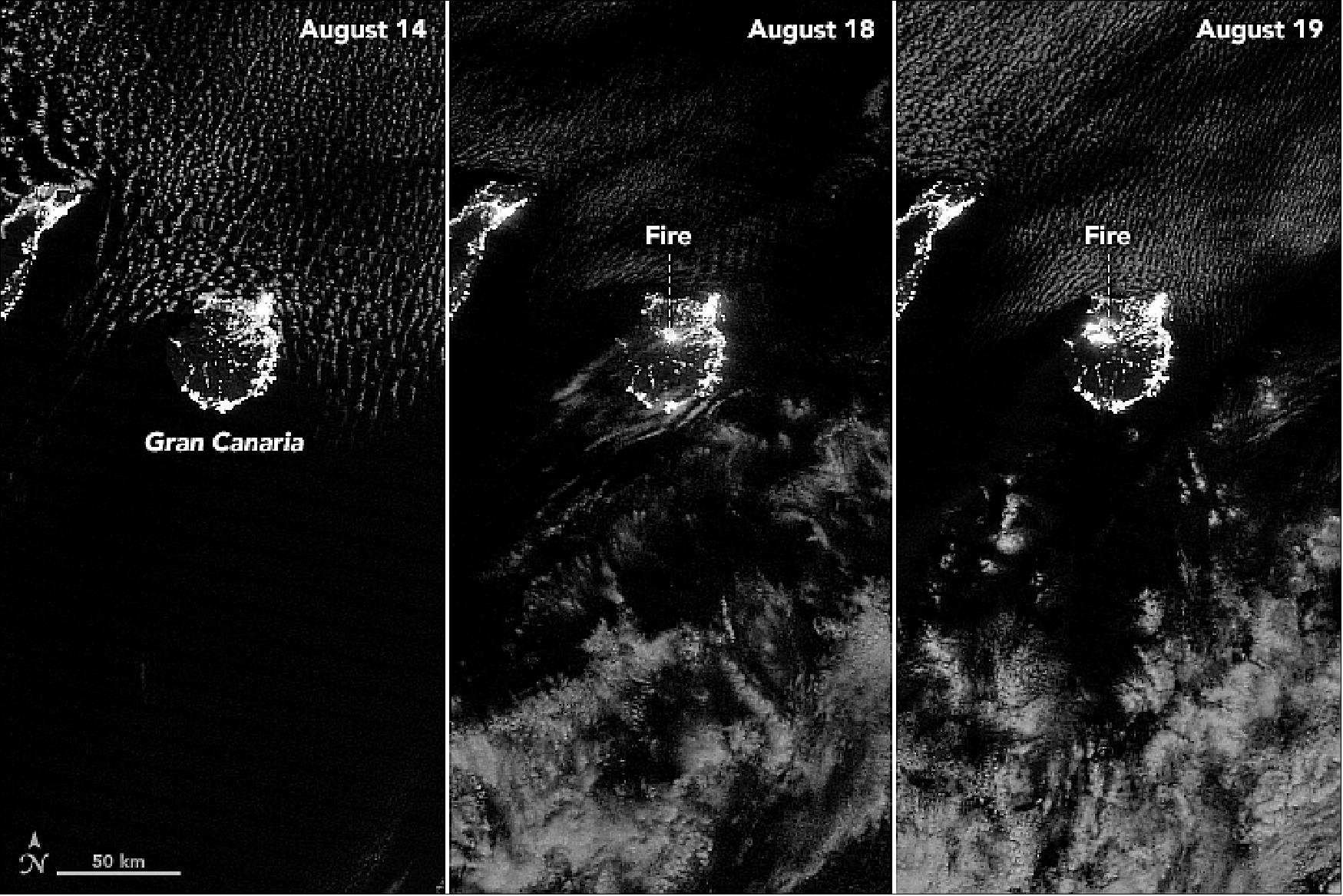 Figure 42: VIIRS on the Suomi NPP satellite tracked the growth of the fire between 14-19 August 2019. The VIIRS “day-night band” is extremely sensitive to low light, making it possible to see the fire front from space at night. Nighttime lights from population centers along Gran Canaria’s coast are also visible, particularly along the eastern half of the island (image credit: NASA Earth Observatory, images by Joshua Stevens, using data from the VIIRS day-night band data from the Suomi NPP. Story by Adam Voiland)
