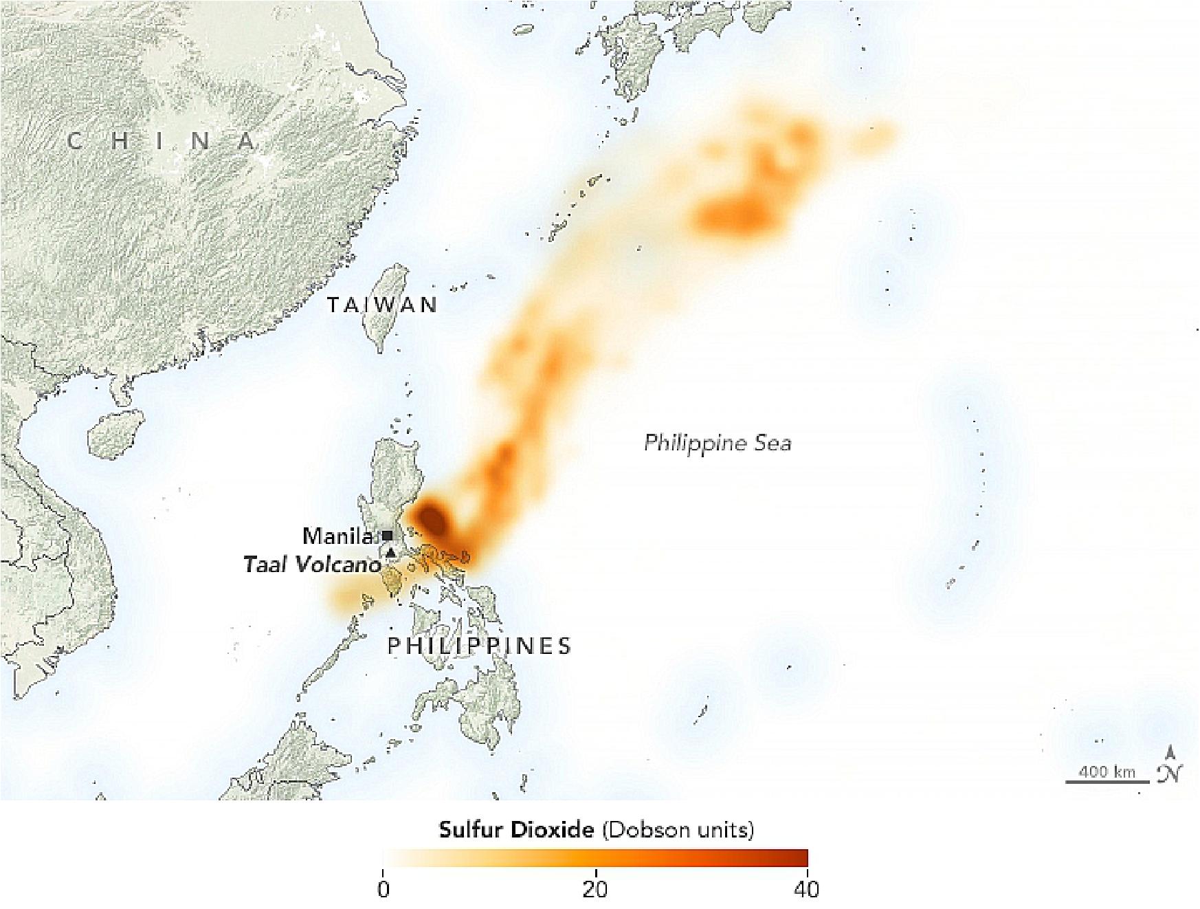 Figure 29: This map shows stratospheric sulfur dioxide concentrations on January 13, 2020, as detected by the Ozone Mapping Profiler Suite (OMPS) on the NOAA-NASA Suomi-NPP satellite [image credit: NASA Earth Observatory, image by Lauren Dauphin, using OMPS data from the Goddard Earth Sciences Data and Information Services Center (GES DISC). Story by Kasha Patel]