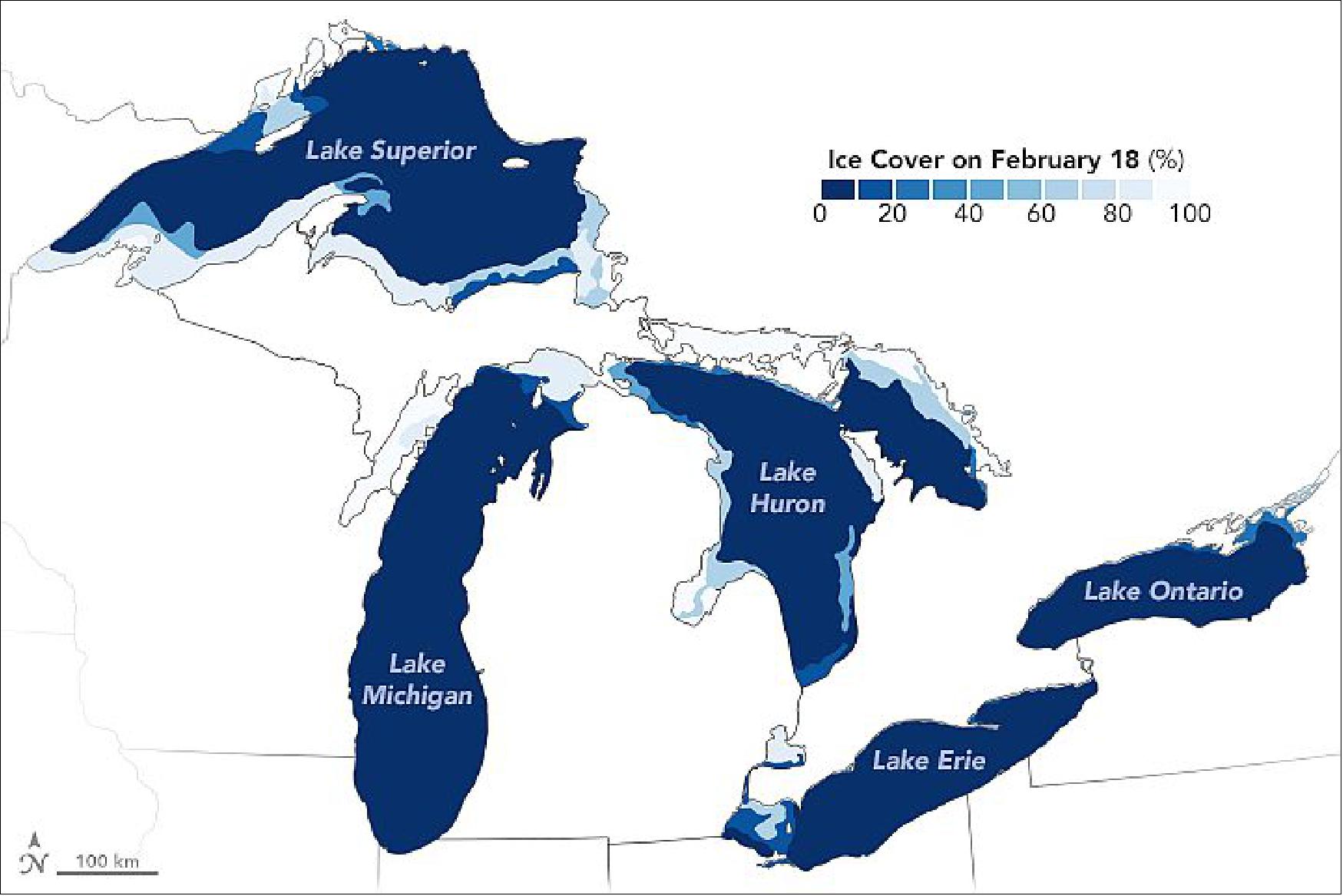Figure 25: In the days after the satellite imagery was acquired, ice extent climbed slightly and then dipped to 16 percent coverage on February 18, which appears in this ice cover map. Wang expects that ice levels for the remainder of the 2019-2020 winter should stay relatively low as sunlight increases with the approaching spring. Low winter ice cover can leave a lasting effect on the Great Lakes for the rest of the year, with increased evaporation, higher water temperatures, and stronger stratification of water layers into the fall (image credit: NASA Earth Observatory, image by Joshua Stevens, using VIIRS data from NASA EOSDIS/LANCE and GIBS/Worldview and the Suomi NPP, and ice cover data from NOAA/Great Lakes Environmental Research Laboratory. Story by Kathryn Hansen)