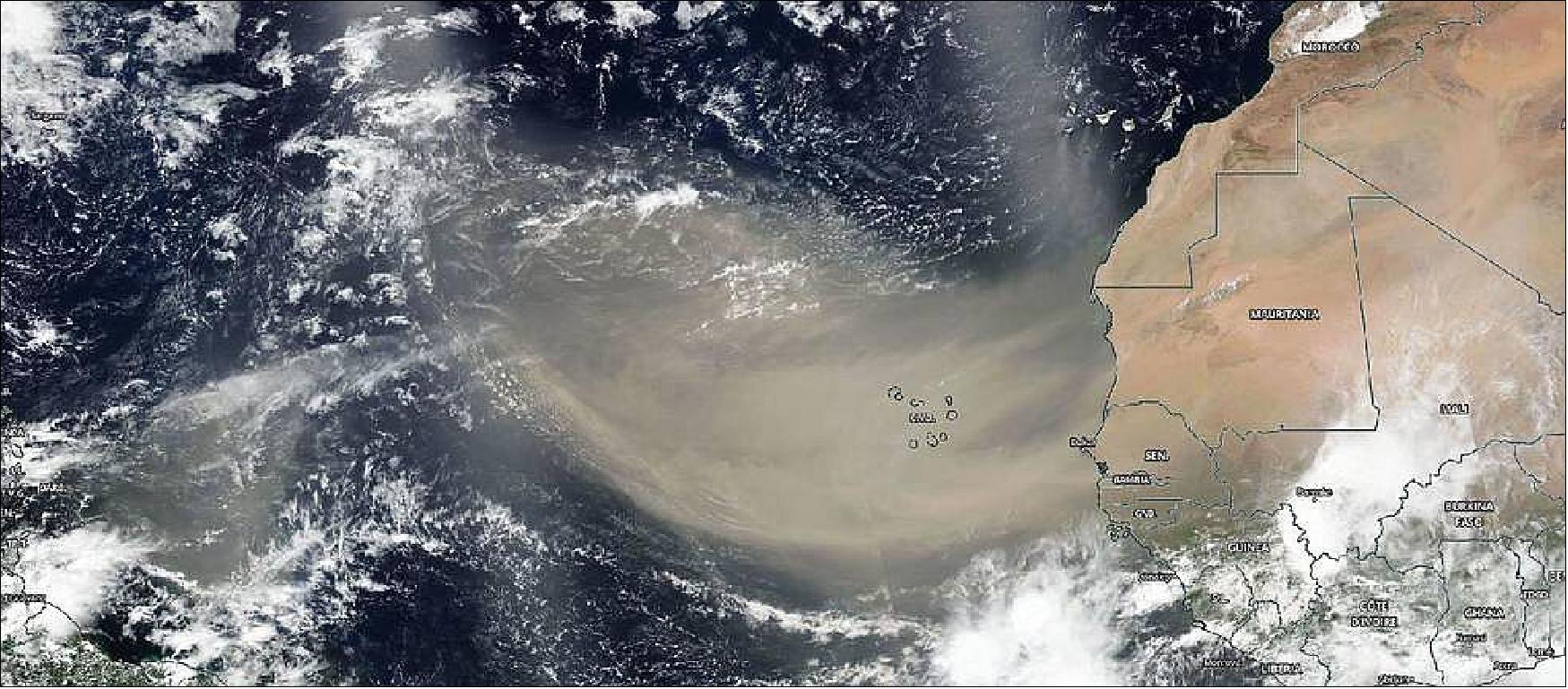 Figure 15: On June 18, 2020, NASA-NOAA’s Suomi NPP satellite captured this visible image of the large light brown plume of Saharan dust over the North Atlantic Ocean. The image showed that the dust from Africa’s west coast extended almost to the Lesser Antilles in the western North Atlantic Ocean (image credits: NASA Worldview)